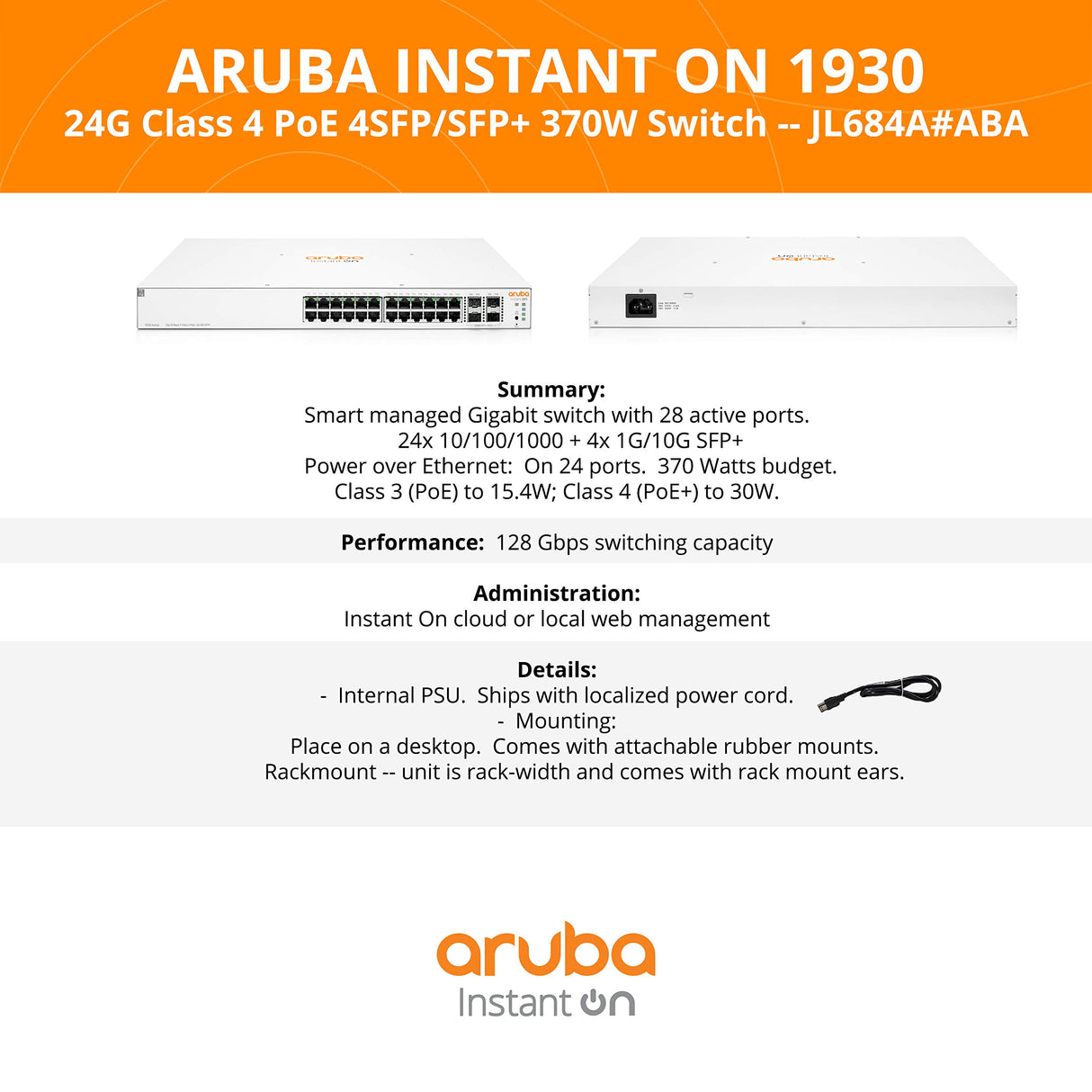 Hewlett Packard Enterprise HPE Aruba Ion 1930 24G 4SFP+ 370W Swch