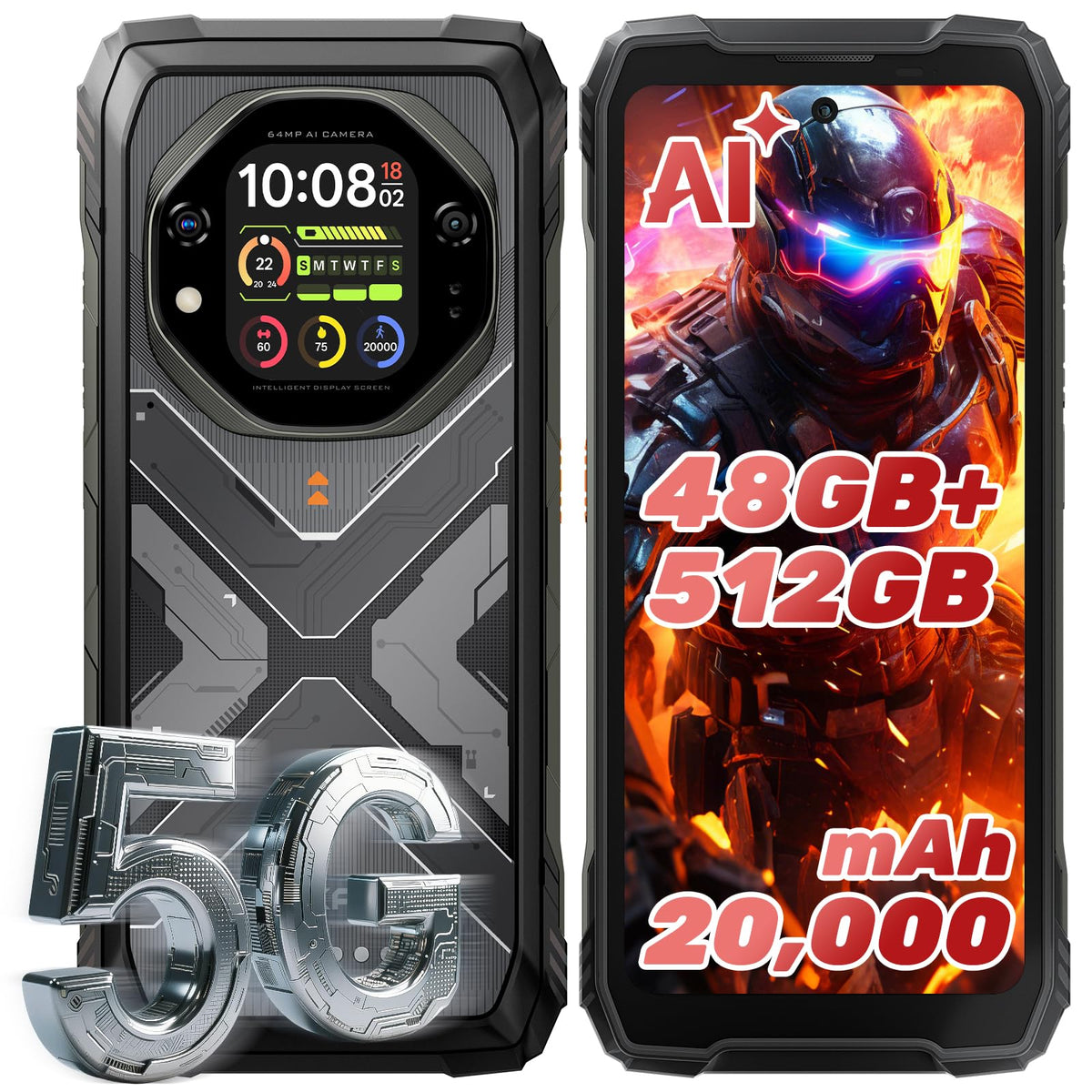 OSCAL Tank 1 Movil Resistente 5G, 48GB+512GB, 20000mAh 55W, Cámara 64MP+50MP+20MP Visión Nocturna, 6.78" FHD+120Hz & 2,01" Pantalla Sec., Dimensity 7050 Movil Irrompible Android 15, IP69K/NFC/OTG