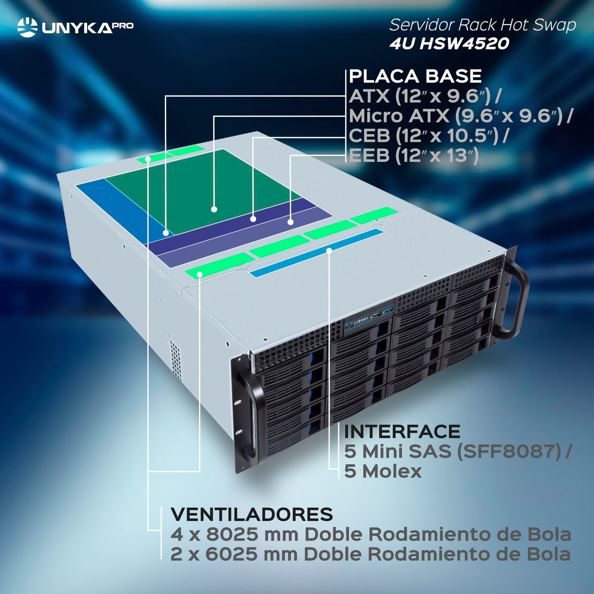 UNYKAch Caja Rack 19" 4U Hot Swap (Sustitución de Bahías en Caliente) HSW4520 ATX, 20 Bahías, para Discos de 3,5″ o 2.5”, 3 Ventiladores de 120 mm y 2 de 80 mm, 1 USB 2.0 y 1 USB 3.0