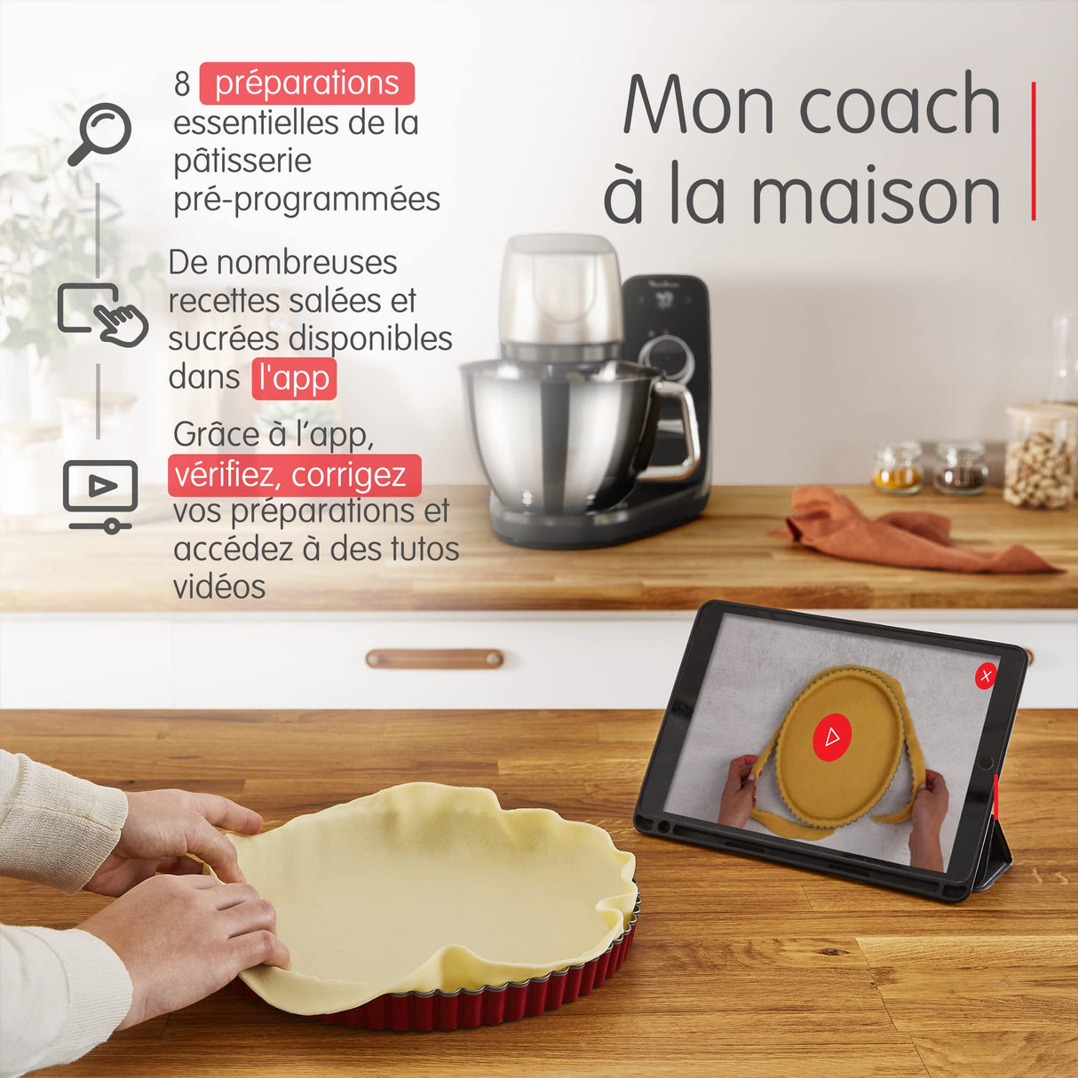 Moulinex Robot pastelero, Cuenco de acero inoxidable 5.5 L, 8 programas recetas básicas, Tecnología patentada, Silencioso, Robusto, Aplicación gratuita con coaching, Coach QA900810