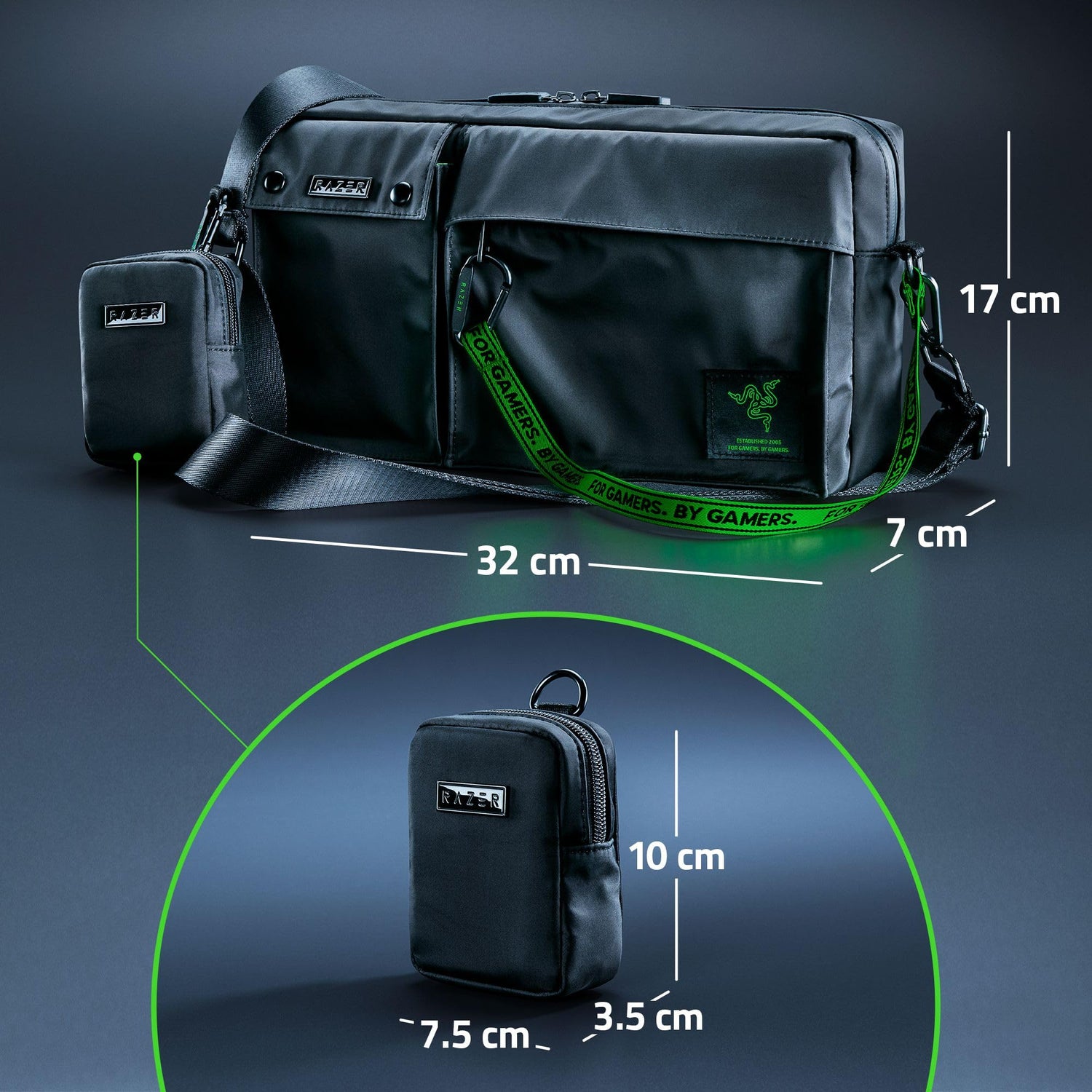 Razer Xanthus Crossbody Bolsa - Se adapta a Kishi, Steam Deck, Nintendo Switch - Nylon repelente al agua - Minibolsillo desmontable para auriculares - 3 bolsillos externos y 3 internos