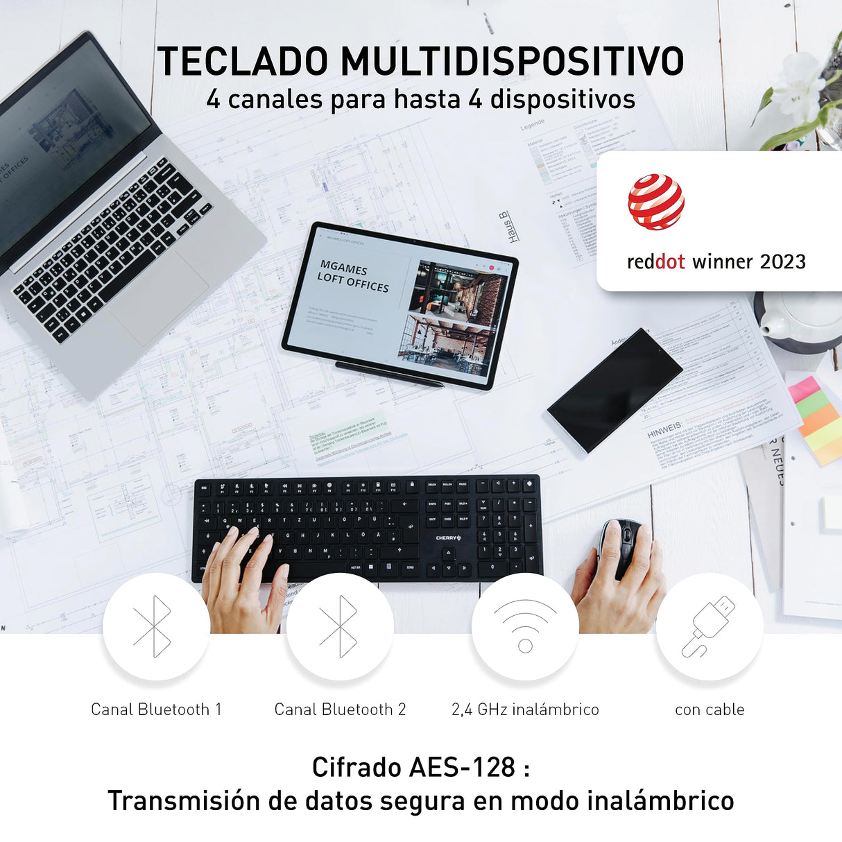 CHERRY KW X ULP, Teclado Mecánico Ultraplano de Alta Gama, Distribución de Teclado Europeo (QWERTY), Inalámbrico, Multidispositivo Para Hasta 4 Dispositivos, Recargable, Negro