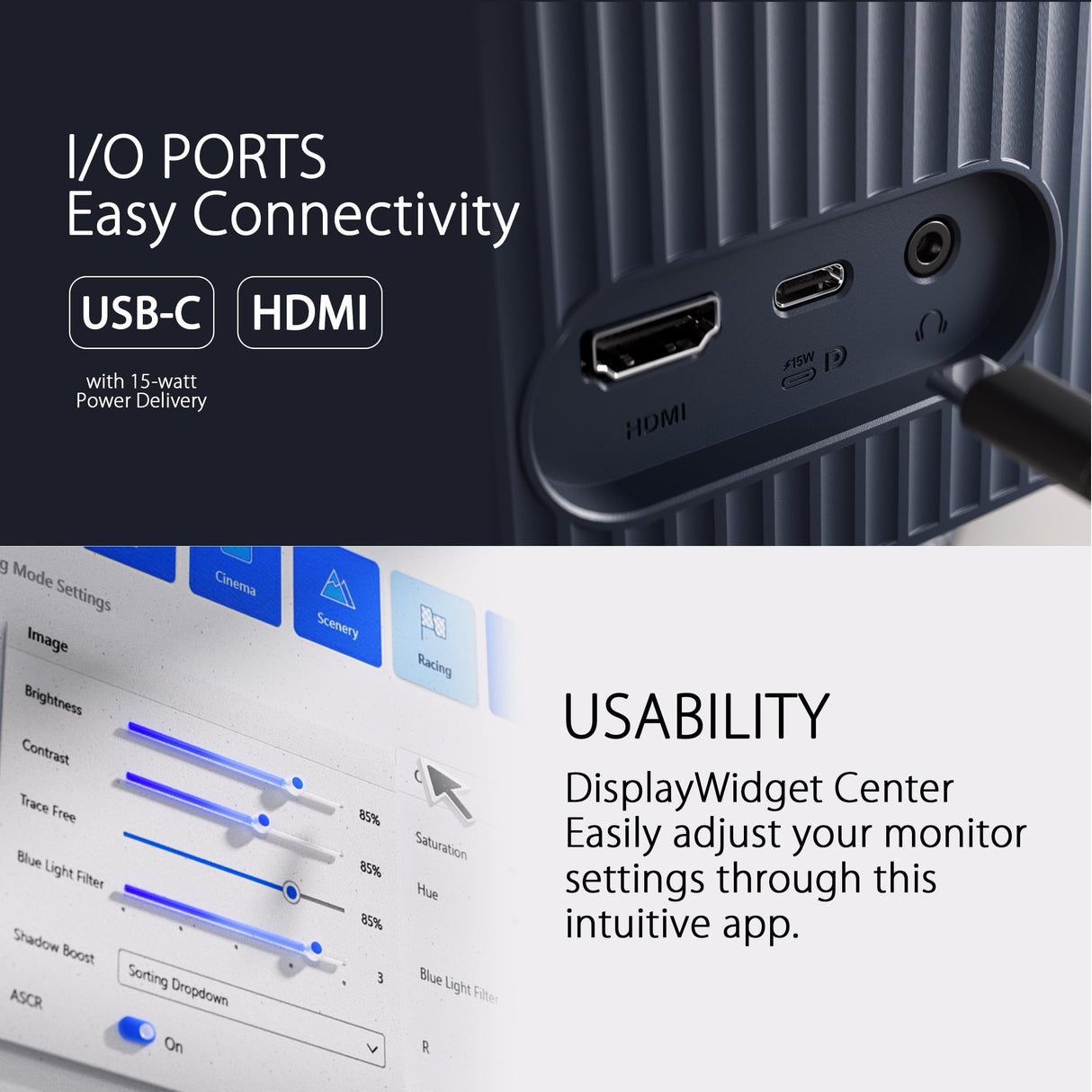 ASUS VU279CFE-B Eye Care Monitor Gaming, 27', FHD, IPS, 100 Hz, IPS, Adaptive-Sync, Puerto USB Type-C, 15 vatios Power Delivery, DisplayWidget Center, EyeCare Plus