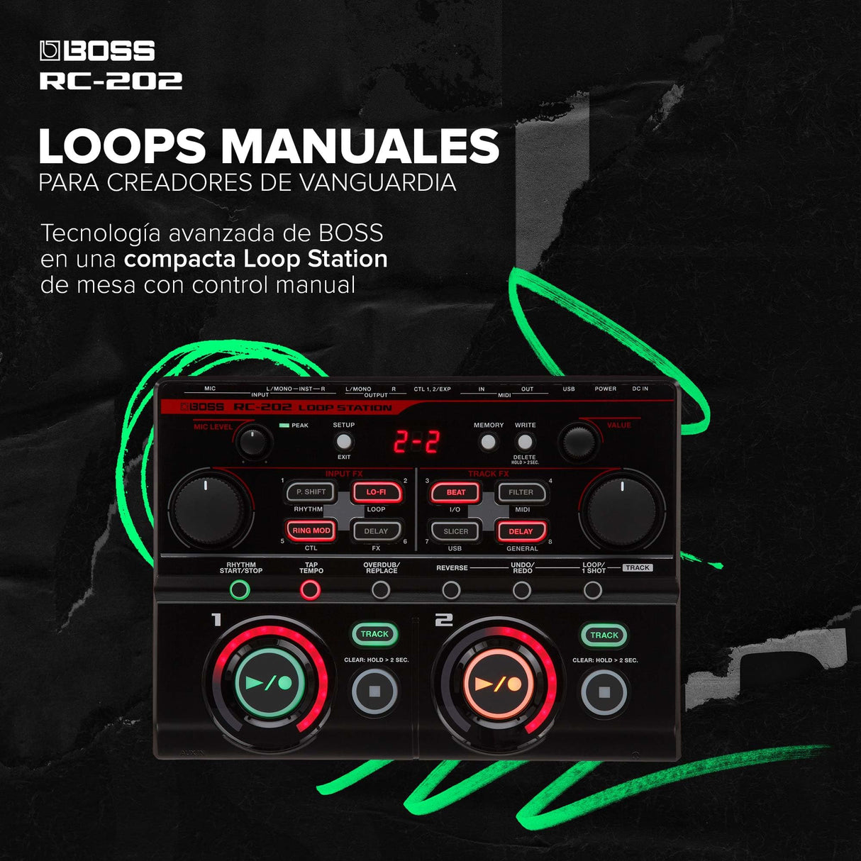 BOSS RC-202 Loop Station | Loops con las manos para creadores musicales progresivos | Dos pistas estéreo | 64 memorias de frase | Interfaz de audio/MIDI USB