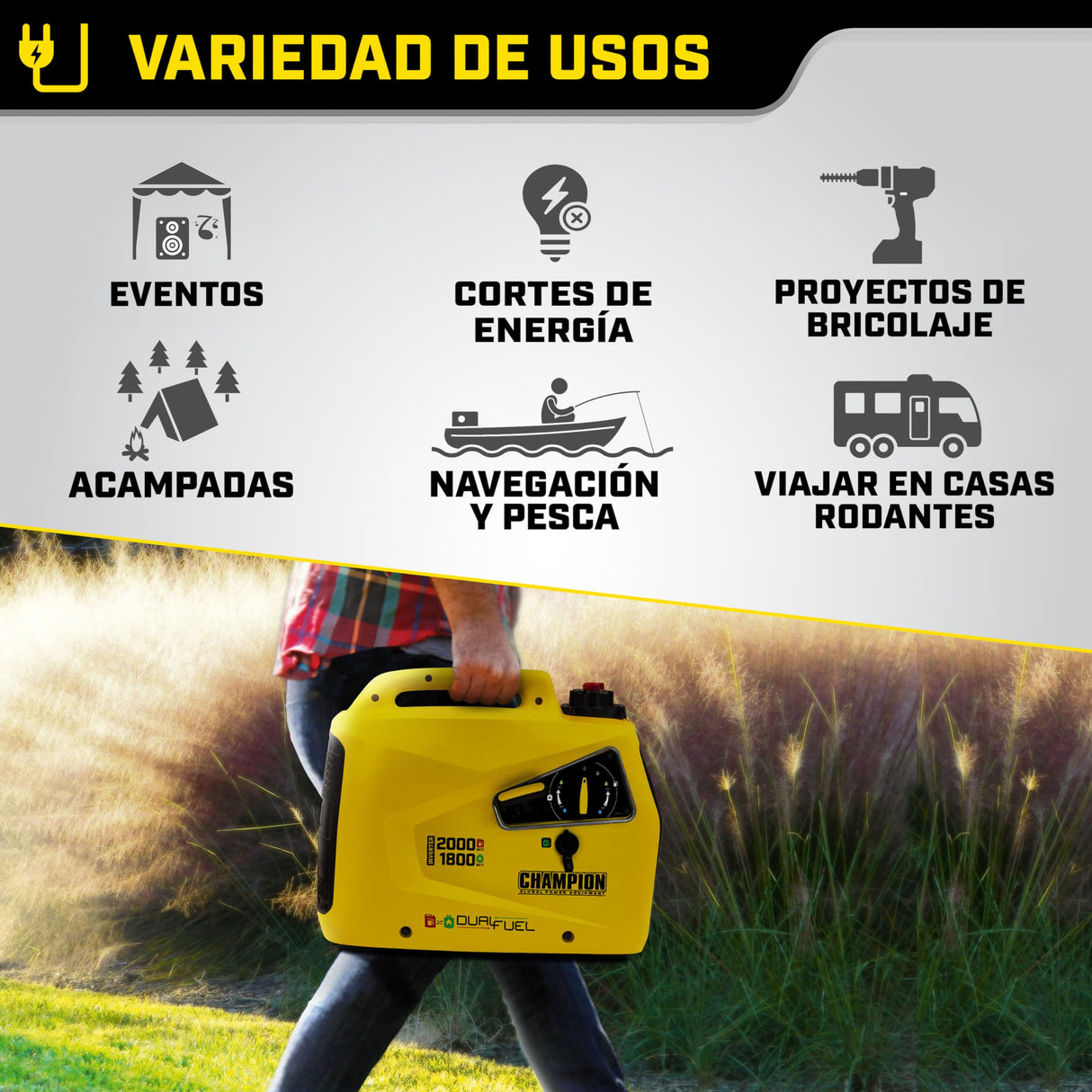 Champion Power Equipment Generador Gasolina + Gas (2000 W, inversor, generador con pantalla LED, doble combustible, extremadamente silencioso) 8200i-E-DF-EU