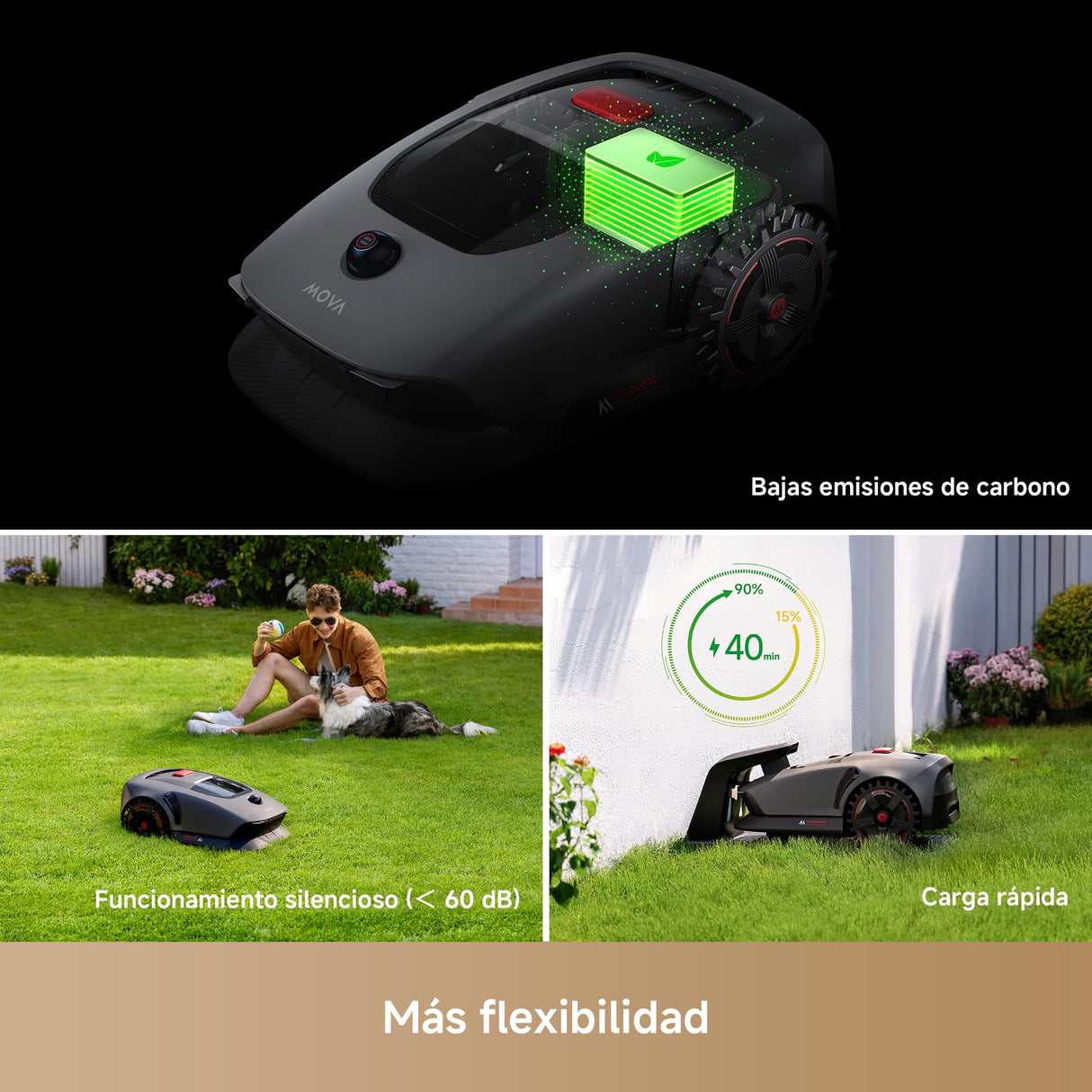 Mova 1000 Robot Podador, Configuración Inalámbrica UltraView™ y Mapeo Preciso de hasta 1000 m², Evasión de Obstáculos Inteligente, Ruedas Todoterreno Mejoradas, Corte en Forma de U, Carga Rápid