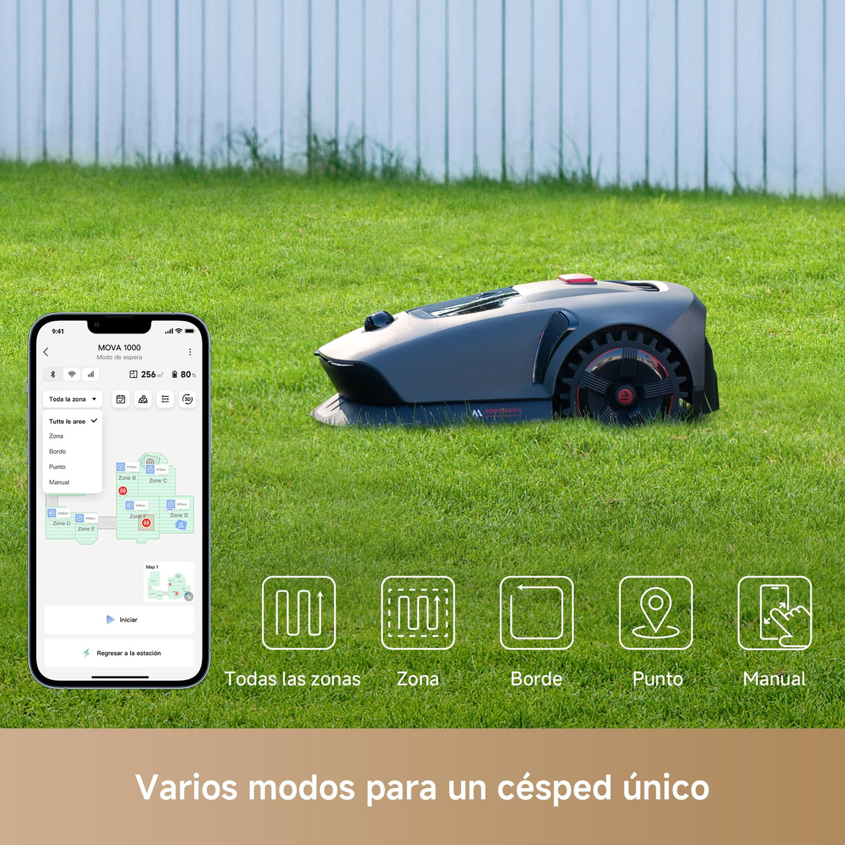 Mova 1000 Robot Podador, Configuración Inalámbrica UltraView™ y Mapeo Preciso de hasta 1000 m², Evasión de Obstáculos Inteligente, Ruedas Todoterreno Mejoradas, Corte en Forma de U, Carga Rápid