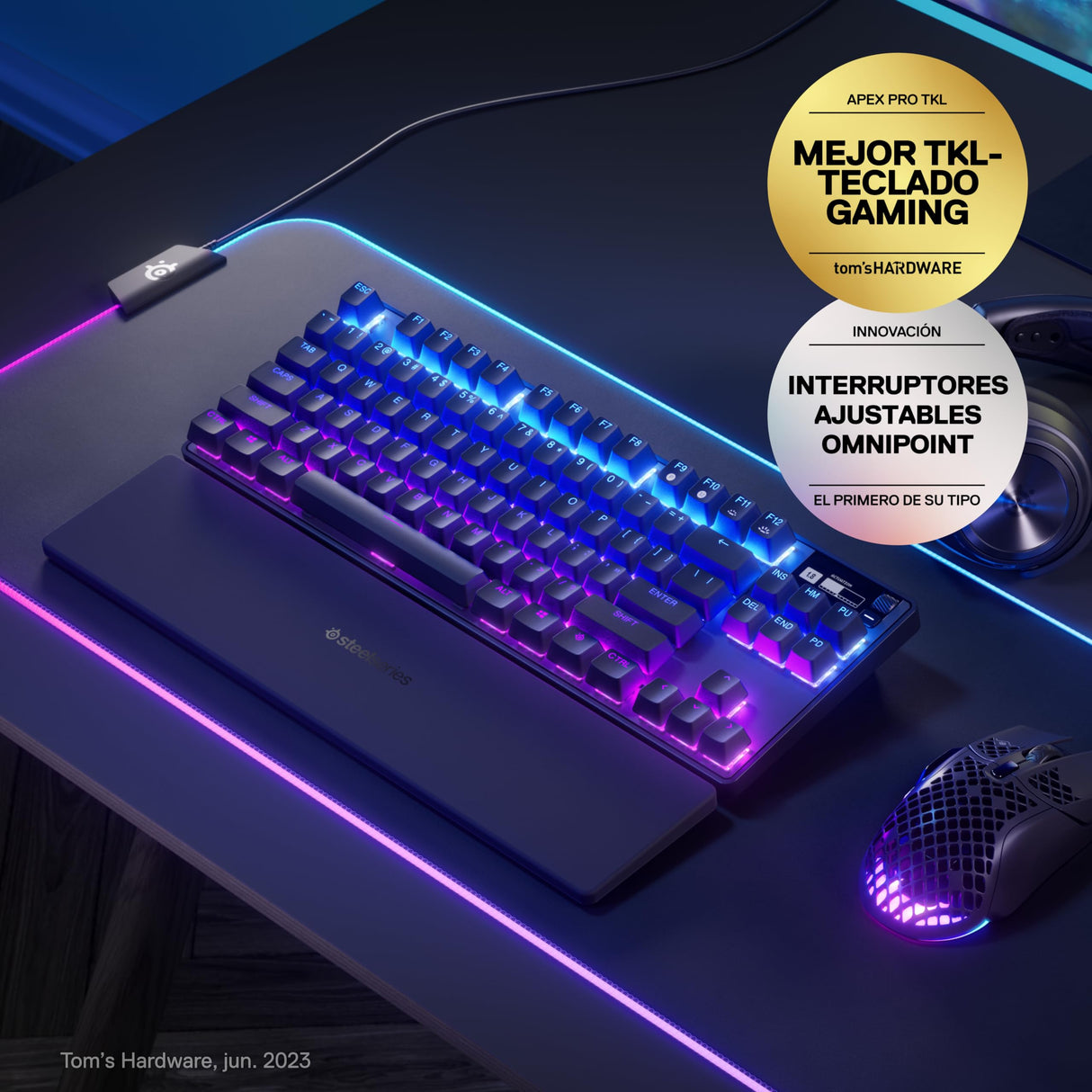 SteelSeries Apex Pro TKL Wireless - Teclado gaming HyperMagnetic inalámbrico – El más rápido del mundo – Accionamiento ajustable – Teclas PBT – Bluetooth – 2,4GHz – USB-C – Teclado americano (QWERTY)