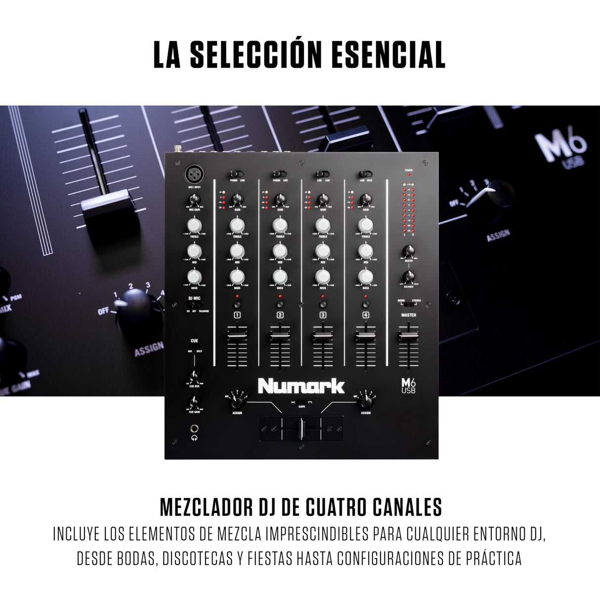 Numark M6 USB Mesa de Mezclas DJ de 4 Canales, Interfaz de Audio Integrada, EQ de 3 Bandas, Entrada Micro y Crossfader Reemplazable con Control de Curva