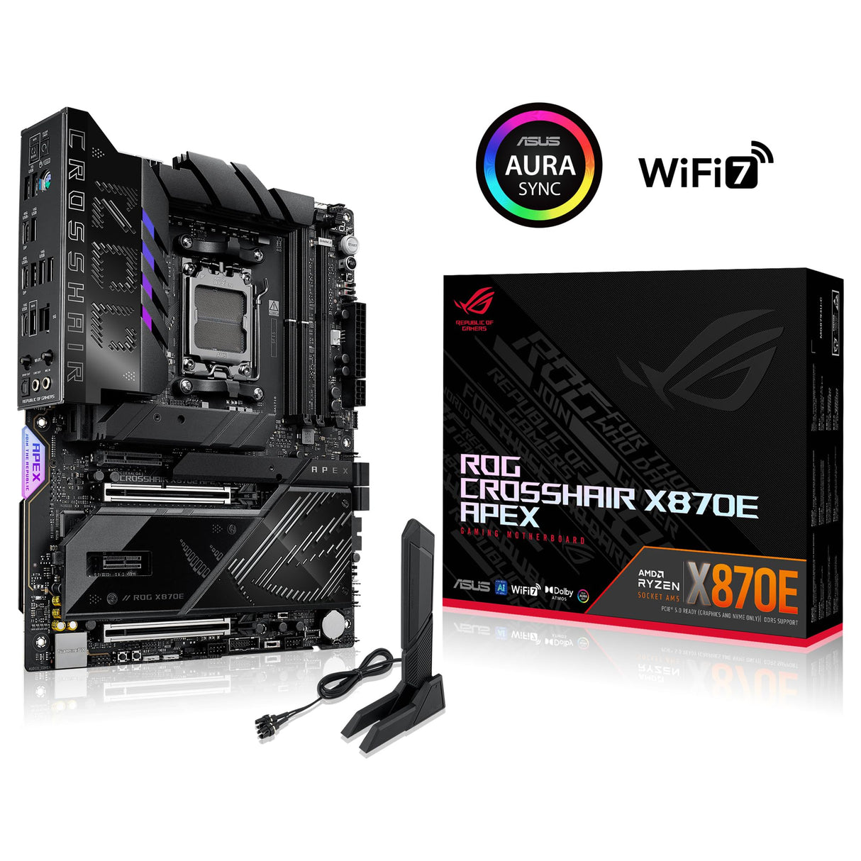 ASUS ROG Crosshair X870E Apex - Placa Base AMD ATX, 18+2+2 etapas de Potencia, Ranuras DDR5, PCIe 5.0 Compatible con GPU de próxima generación, Cinco Ranuras M.2, Wi-Fi 7, USB4, overclocking con IA