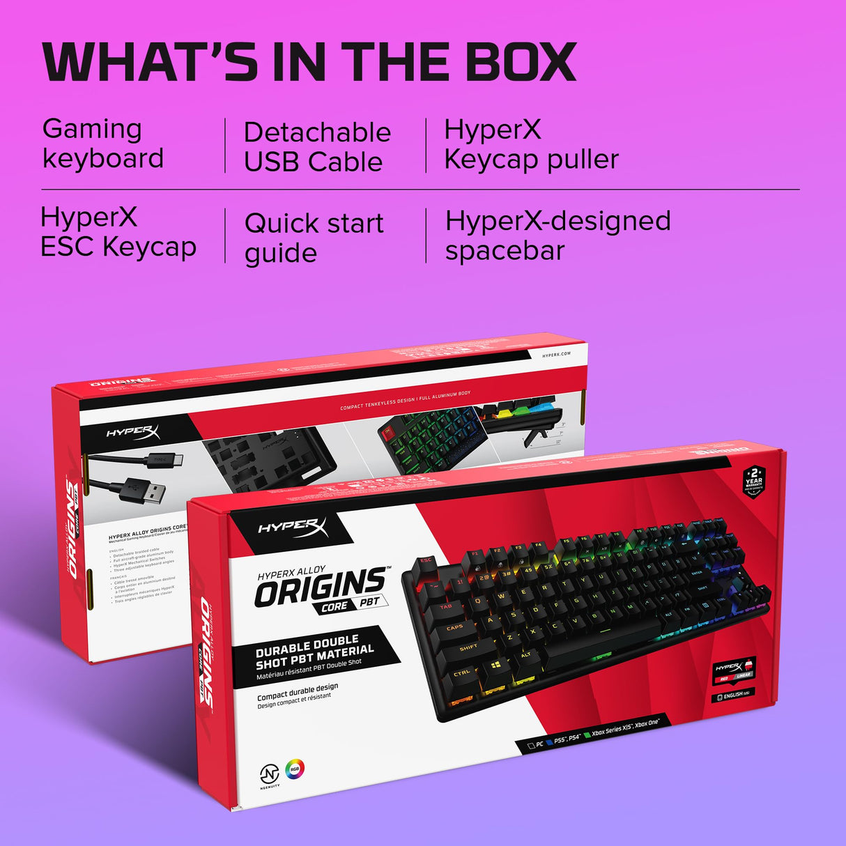 HyperX Alloy Origins Core PBT - Teclado mecánico para Juegos TKL, Teclas PBT, iluminación RGB, Compacto, Cuerpo de Aluminio, Personalizable NGENUITY, Memoria integrada, Interruptor Rojo