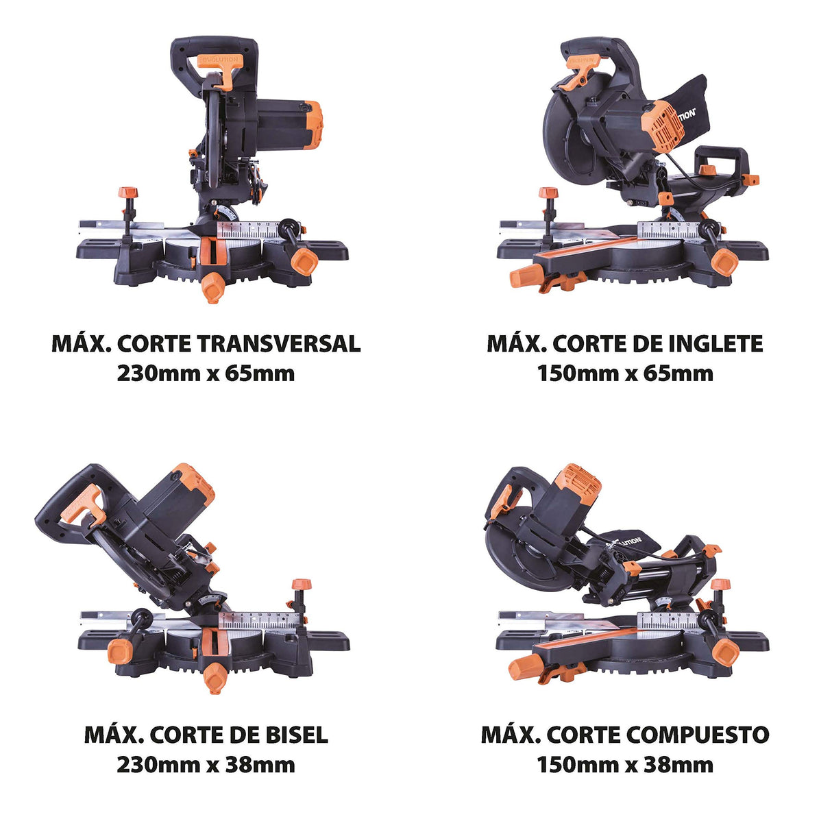 Evolution Power Tools R210SMS+ Ingletadora deslizante multimaterial de 210 mm, con paquete Plus, Corta acero dulce, aluminio, plástico, madera con clavos incrustados, 230 V