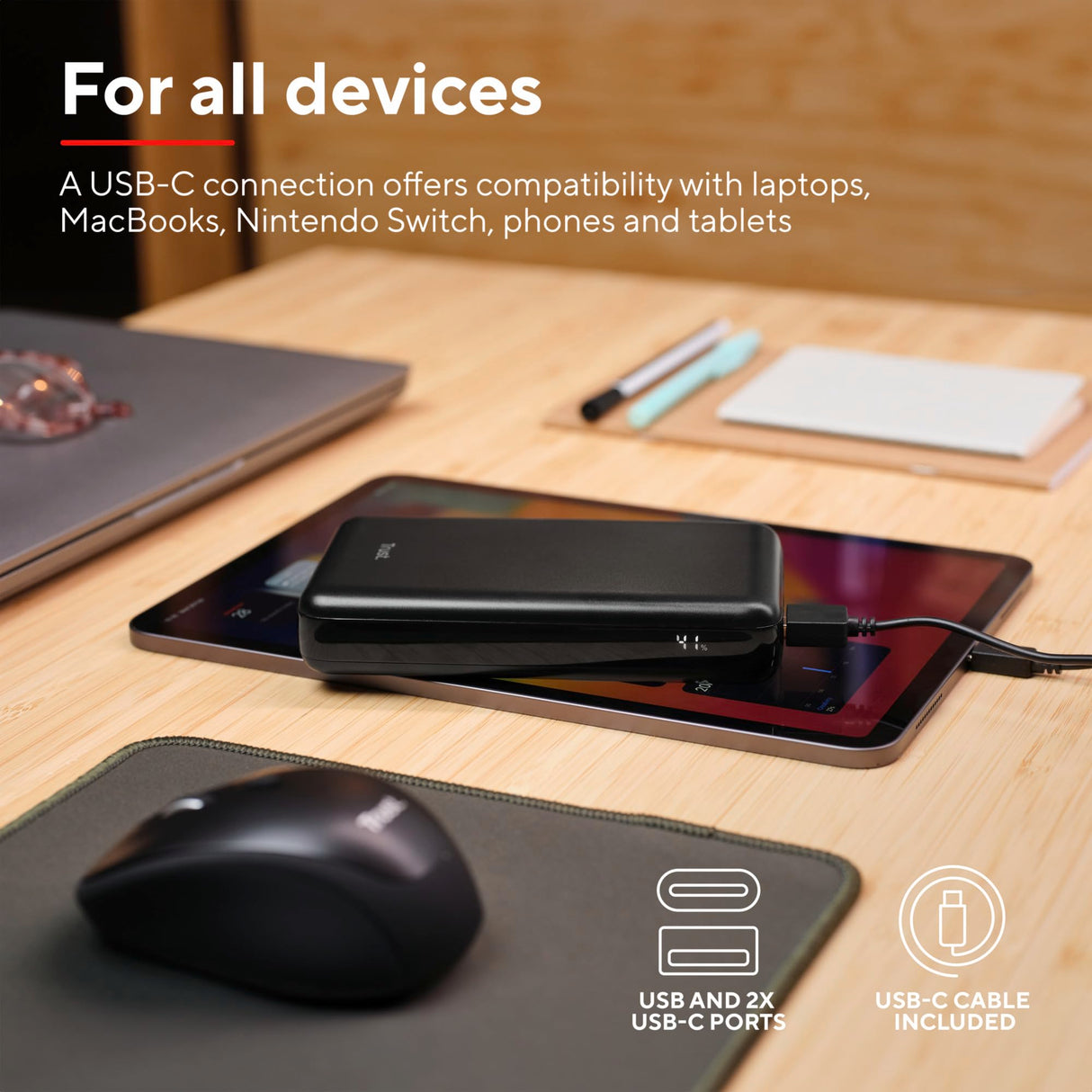 Trust Laro Power Bank 20000mAh 100W para Portátil 2X USB-C 1x USB-A, Batería Externa Carga Rapida, Cargador Portátil Powerbank iPhone Macbook iPad Steam Deck Xiaomi DELL ASUS Lenovo HP