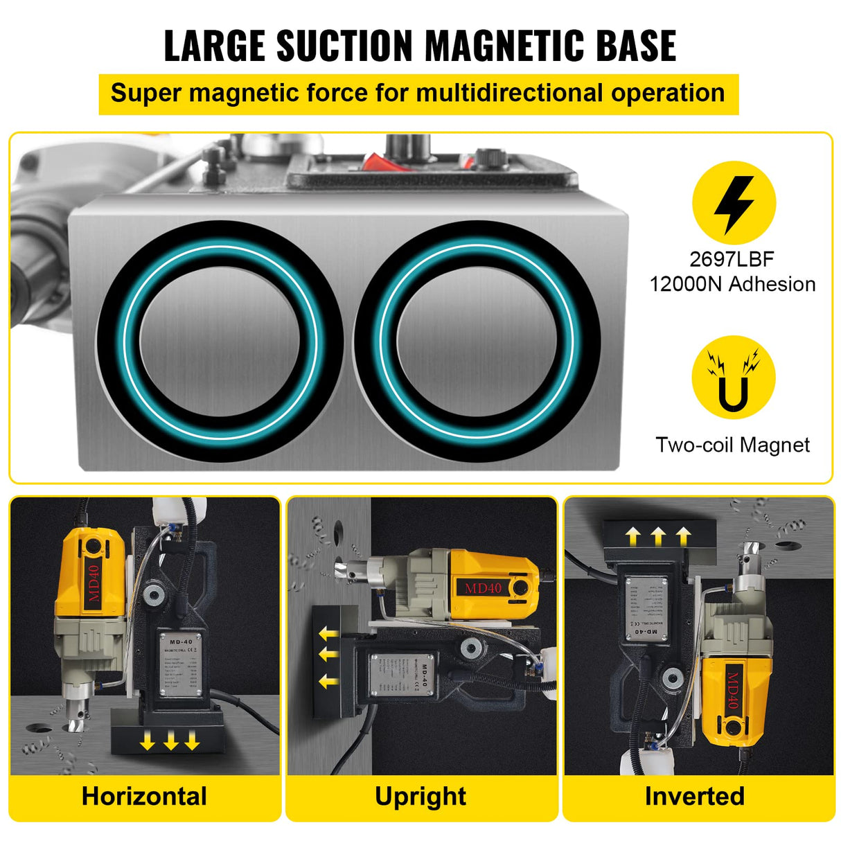 VEVOR Taladro Magnético 12000N Taladradora Magnético Profesional 1100W Taladro de Núcleo Magnético Taladradora Magnético Profesional Taladro Magnético con Conexión Al Cuello Base Magnética