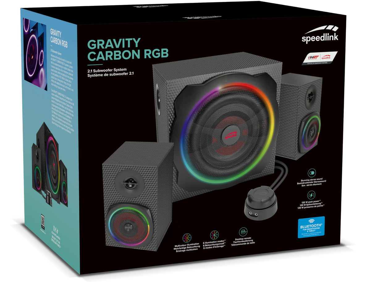 Speedlink GRAVITY CARBON RGB 2.1 Sistema subwoofer - Sistema de altavoces con conexión Bluetooth para teléfono inteligente/tableta, 120 W de potencia máxima, negro