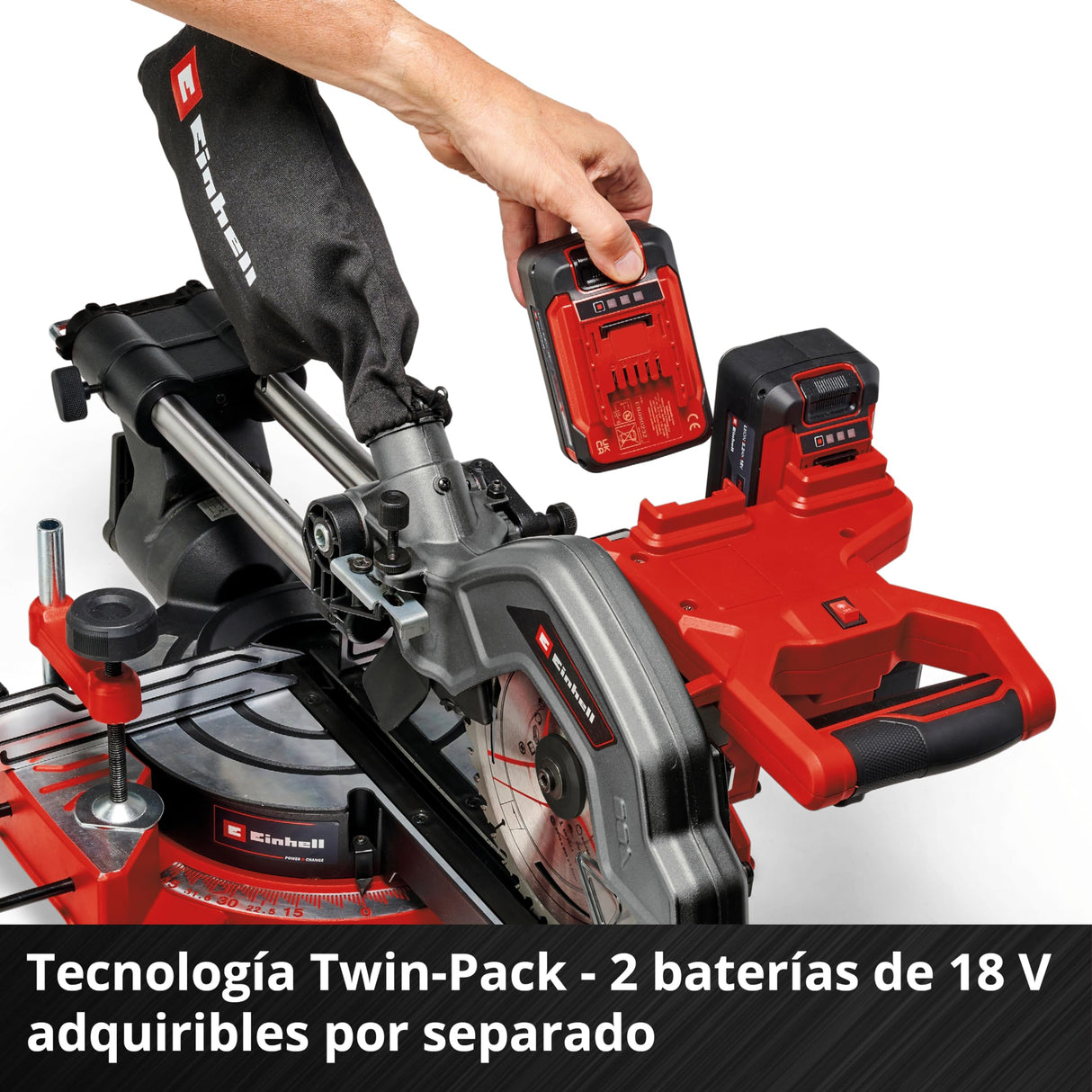 Einhell Sierra de tracción, vaivén e inglete con batería TE-SM 36/8 L Li-Solo Power X-Change (36V, hoja de sierra Ø 216, mesa giratoria, función de tracción, láser de línea de corte, sin batería)