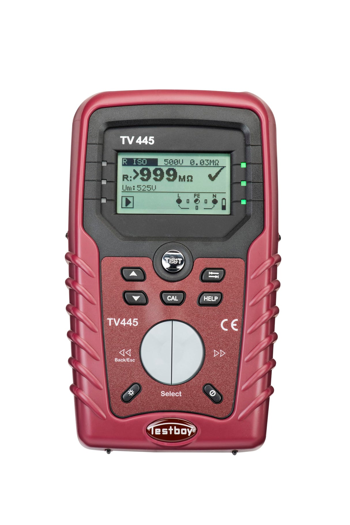 Testboy TV 445 comprobador de instalaciónes según la norma DIN VDE 0100-600 (pantallas de ayuda específicas, gran pantalla digital con iluminación de fondo, declaración buena/mala), rojo/negro