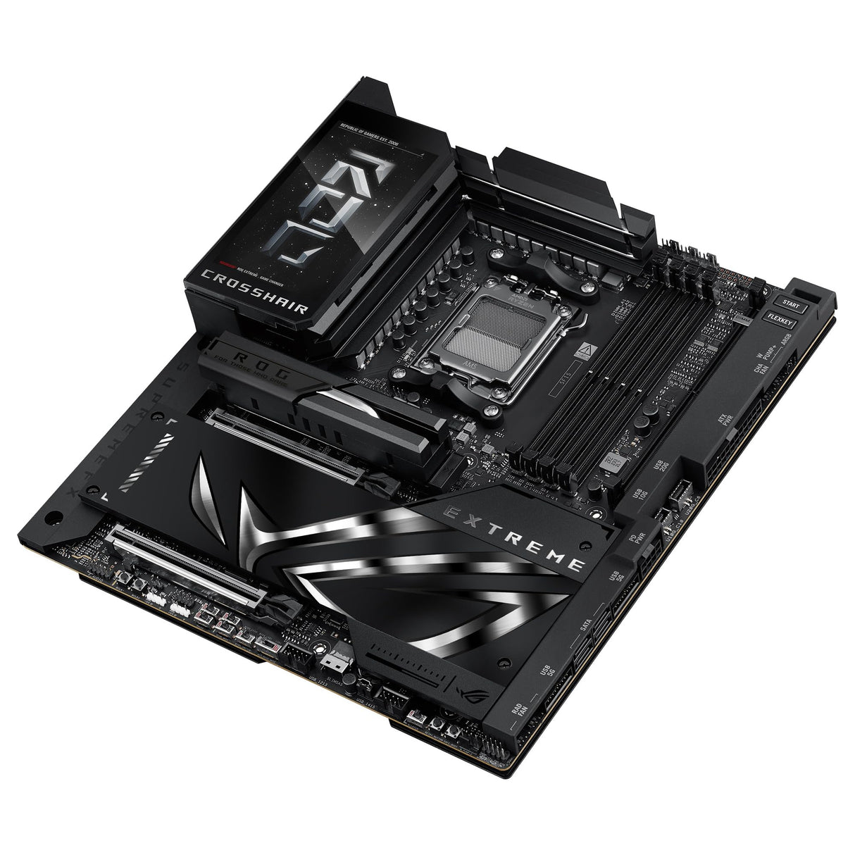 ASUS ROG Crosshair X870E Extreme - Placa Base AMD E-ATX, 20+2+2 etapas de Potencia, DDR5, PCIe 5.0 Compatible con GPU de próxima generación, Cinco M.2, Wi-Fi 7, ASUS AI Advisor, LCD de 5 Pulgadas