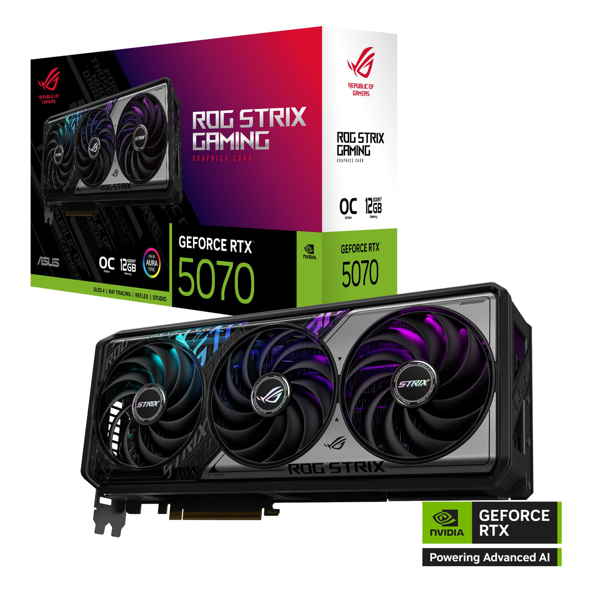 ASUS ROG Strix GeForce RTX 5070 OC Edition 12 GB GDDR7 Tarjeta gráfica Gaming (PCIe 5.0, HDMI/DP 2.1, 3,2 Ranuras, Axial-Tech, MaxContact, Almohadilla térmica de Cambio de Fase, Aura Sync)