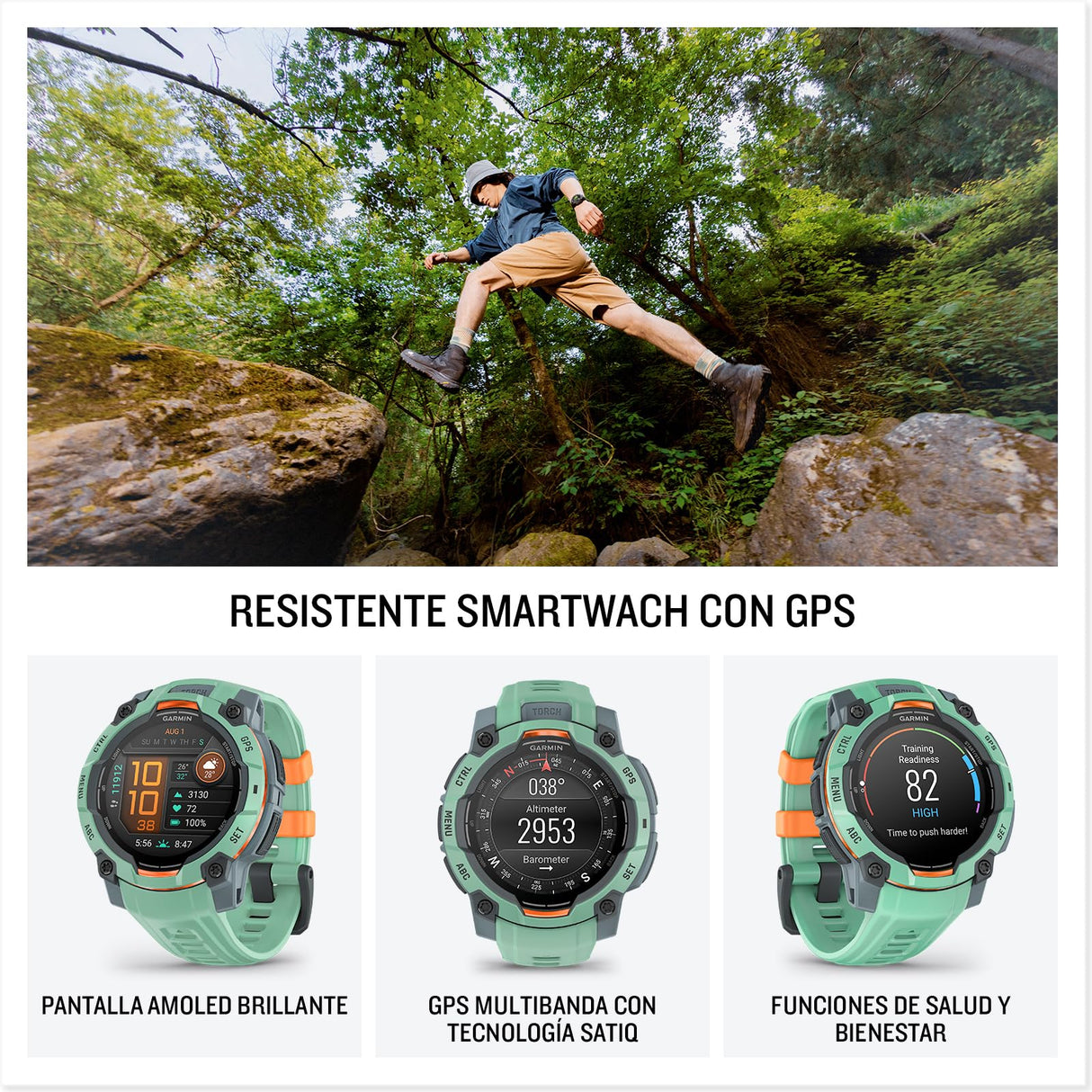 Garmin Instinct 3, Reloj inteligente con GPS, Pantalla AMOLED de 45 mm, Resistente al agua, Aplicaciones deportivas integradas, Monitorización de la salud, Linterna LED, Hasta 18 días autonomía, Verde