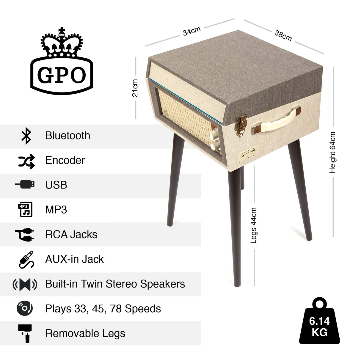 GPO Bermuda Reproductor de vinilos con patas desmontables, Bluetooth y altavoz incorporado - Azul