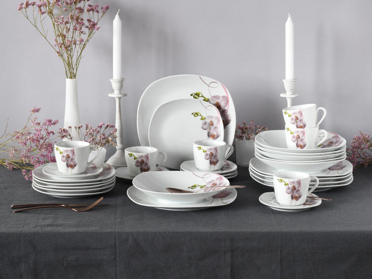 CreaTable, 24026, Serie Square Orchidee, 30-teiliges Geschirrset für 6 Personen, Kombiservice aus Porzellan, spülmaschinen- und mikrowellengeeignet, Qualitätsproduktion