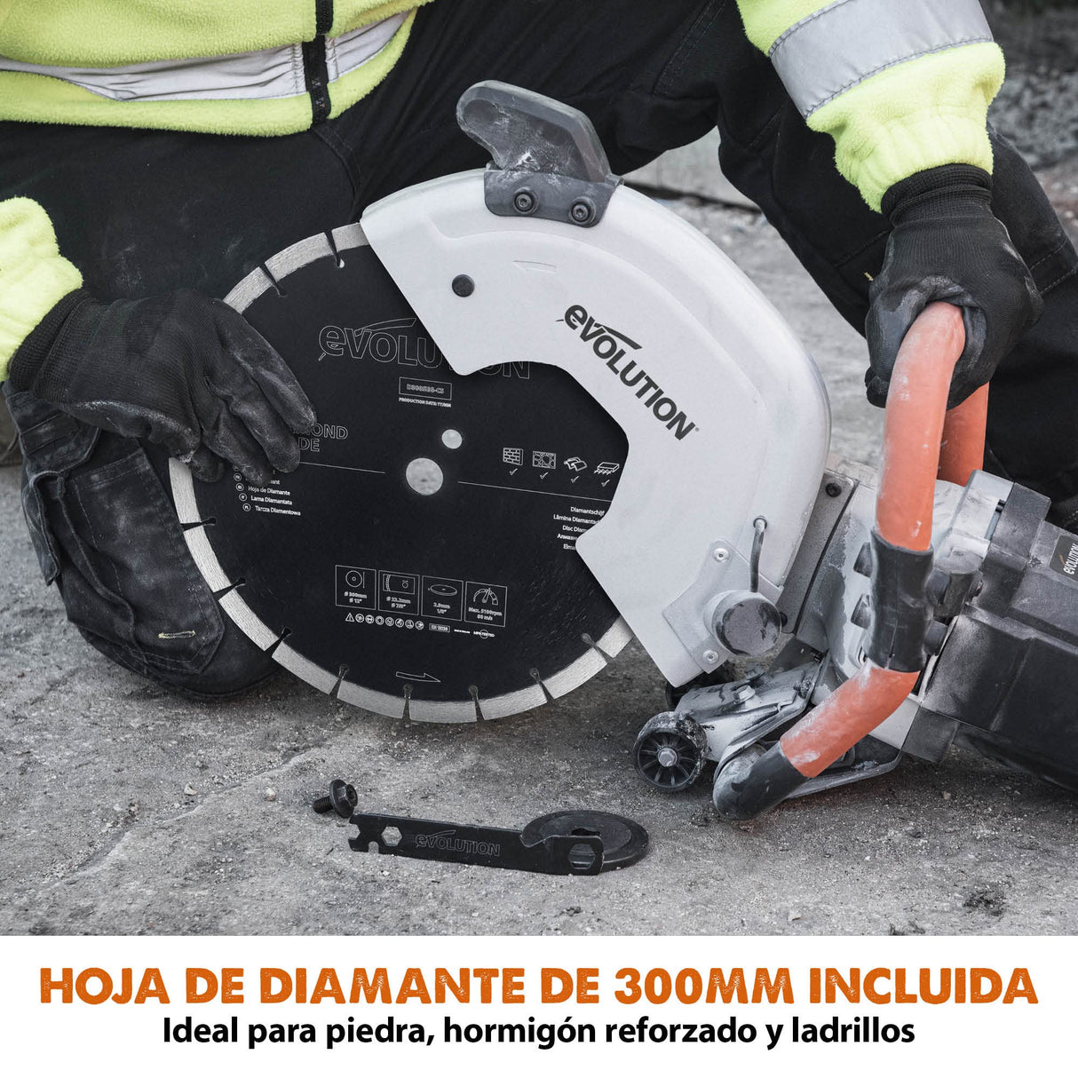 Evolution R300DCT Sierra para hormigón de 300 mm de Evolution: motor de 2400 W, sin gasolina, corte de 115 mm, incl. hoja de diamante para mampostería