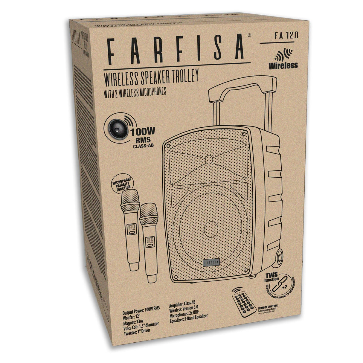 FARFISA | Altavoz inalámbrico Tipo Trolley de 100 W con 2 micrófonos sin Cable, 40x60x36 cm