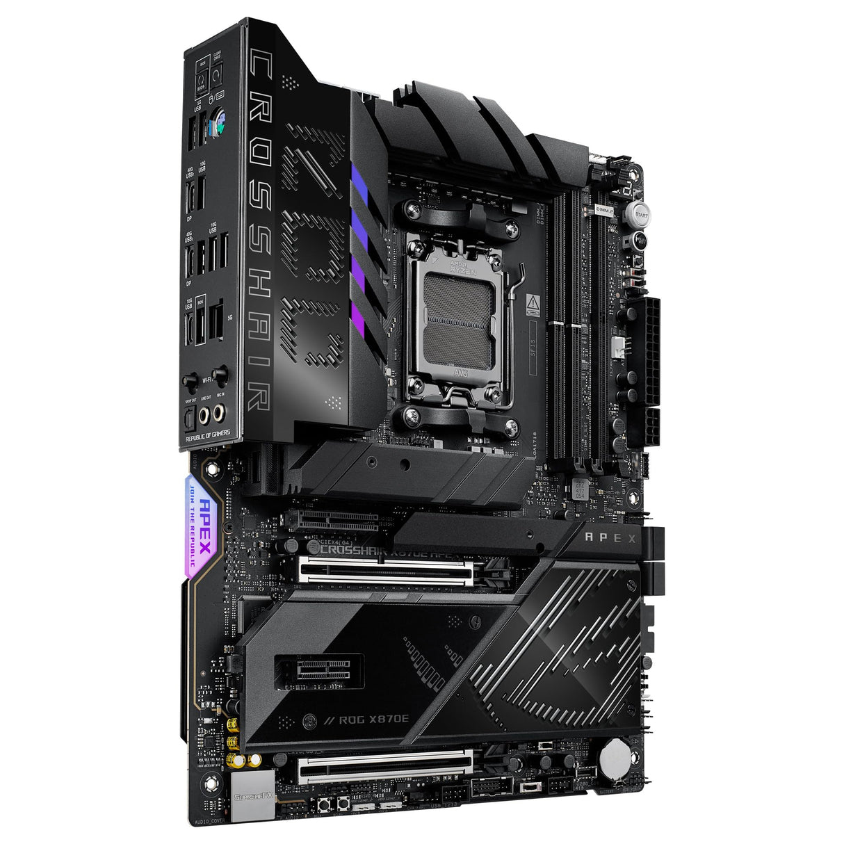 ASUS ROG Crosshair X870E Apex - Placa Base AMD ATX, 18+2+2 etapas de Potencia, Ranuras DDR5, PCIe 5.0 Compatible con GPU de próxima generación, Cinco Ranuras M.2, Wi-Fi 7, USB4, overclocking con IA
