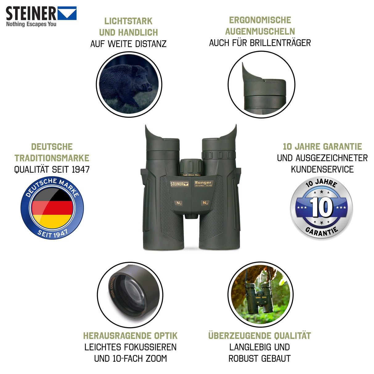 STEINER Prismáticos de Caza Ranger Xtreme 10x42 - Óptica de Calidad Alemana, Gran Aumento para largas distancias, Calidad de Imagen Brillante, Brillante