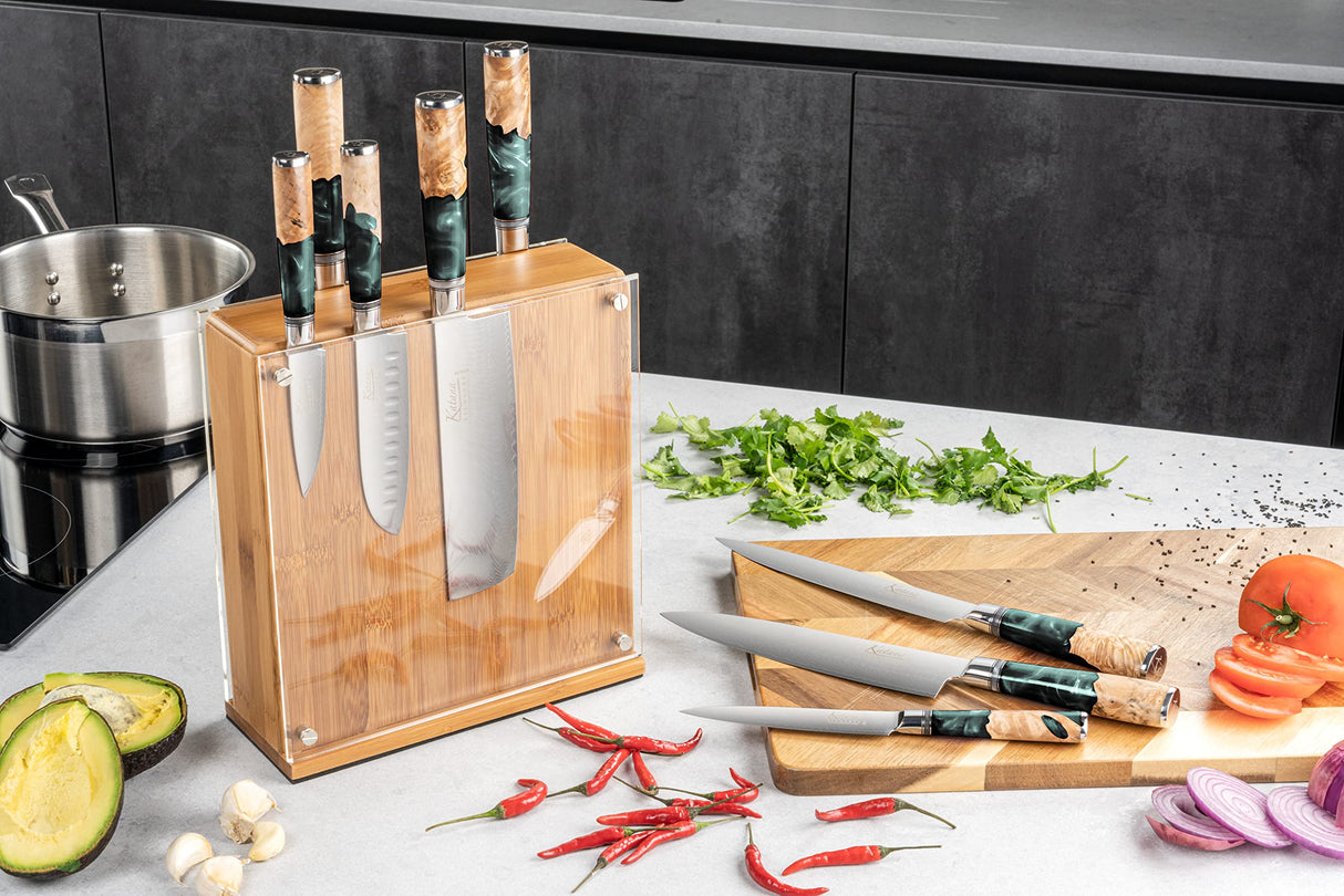 Juego de 9 piezas de cuchillos de cocina Katana Saya, verde lluvia, acero de Damasco VG-10 con mango de madera de olivo y resina (KEG-900/9B)