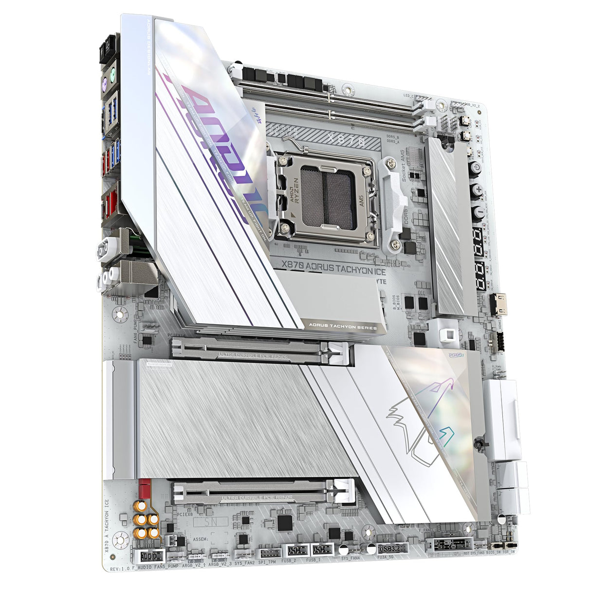 GIGABYTE X870 AORUS Tachyon Ice Placa Base – Compatible con procesadores AMD Ryzen 9000, VRM Digital de 18+2+2 Fases, hasta 9600 MHz DDR5 (OC), 1 x PCIe 5.0 + 2 x PCIe 4.0, Wi-Fi 7, LAN 5 GbE, USB 4