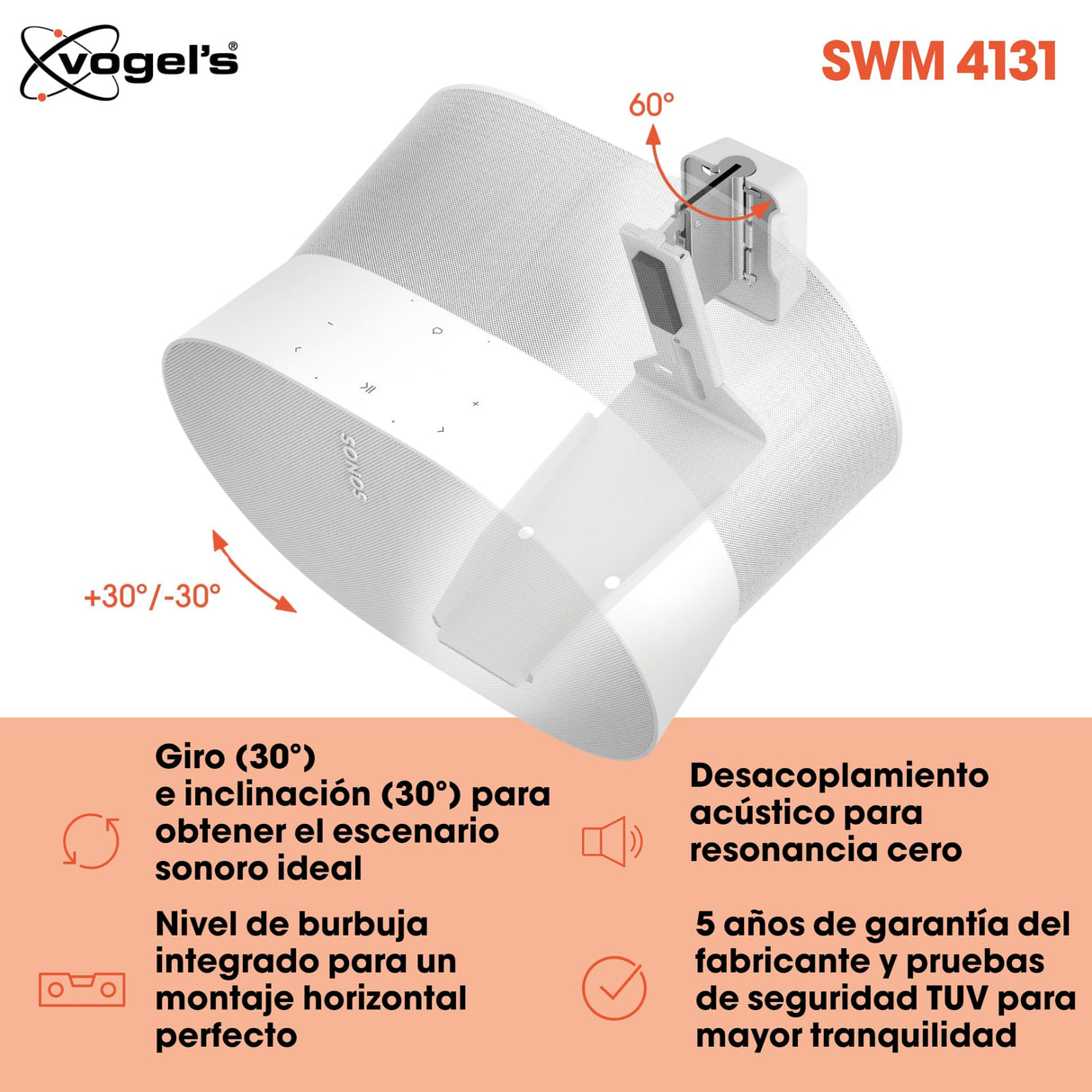 Vogel's SWM 4131 Soporte de Pared para Sonos ERA 300, Máx. 5 kg, Inclinable -30º/+30º, Girar hasta 60º, Blanco