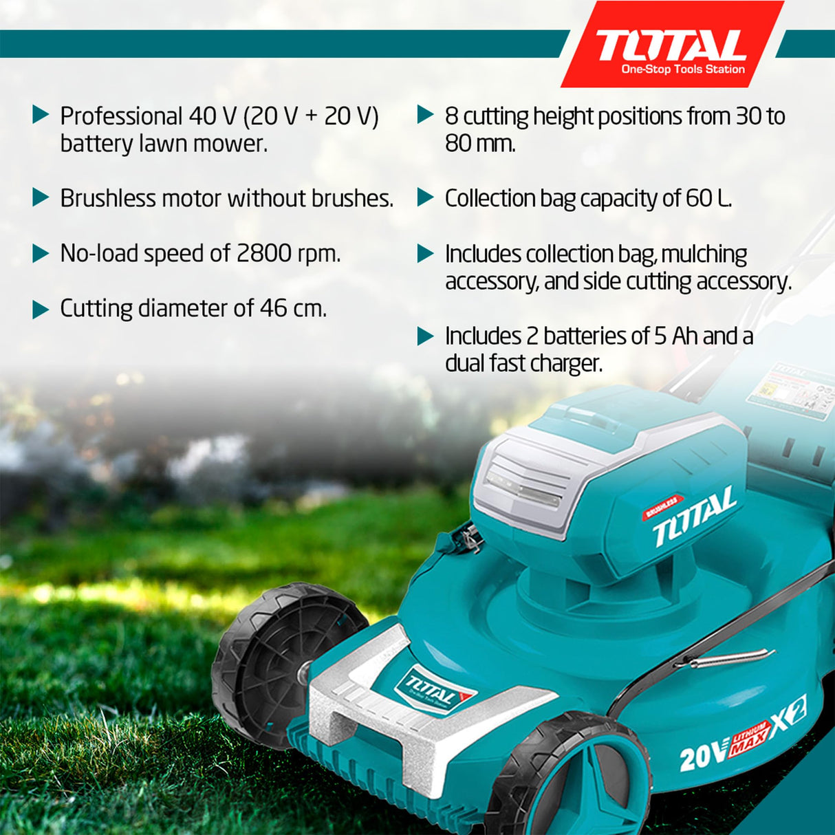 TOTAL - Cortacésped Brushless A Batería | Batería de 40V de Larga Duración | Incluye 2 Baterías y Cargador Rápido Doble | Fácil de Montar |con Ajuste de Altura | Cómodo de Manejar