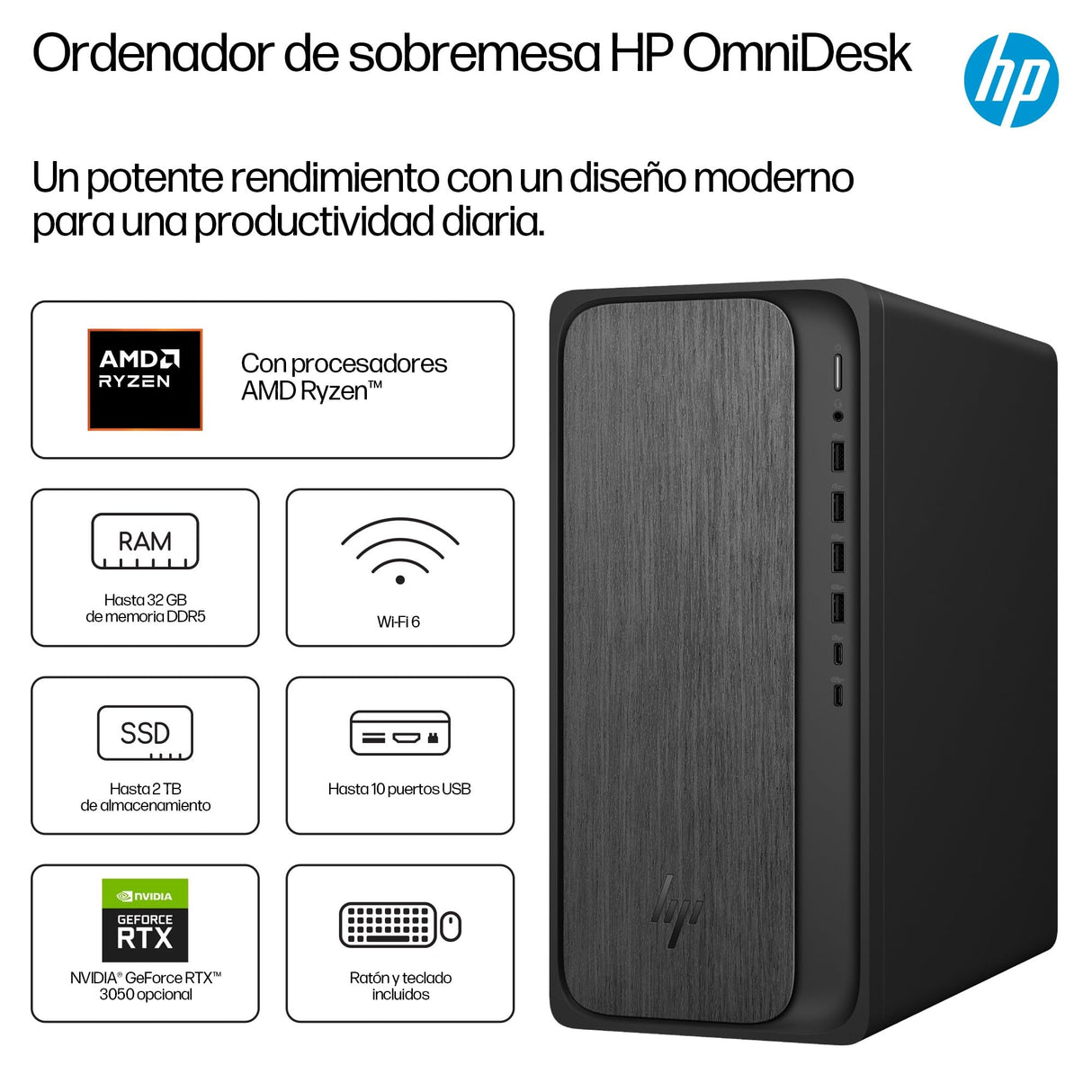 HP Ordenador de sobremesa OmniDesk (AMD Ryzen 7 8700G, 16GB, Wi-Fi 6, 1000GB, Windows 11 Home) - Negro