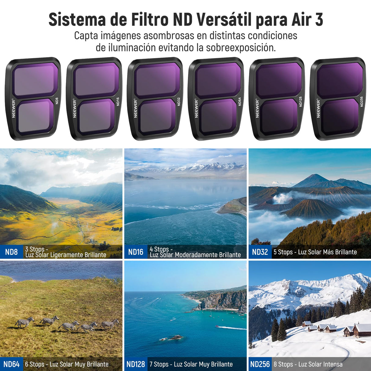 NEEWER Juego de Filtro ND y Efecto Compatible con dji Air 3, 10 Pack Snap On HD ND8/ND16/ND32/ND64/ND128/ND256 Densidad Neutra/Polarización CPL/Reducción de Lumínica/8x Estrella/Racha Azul Anamórfico