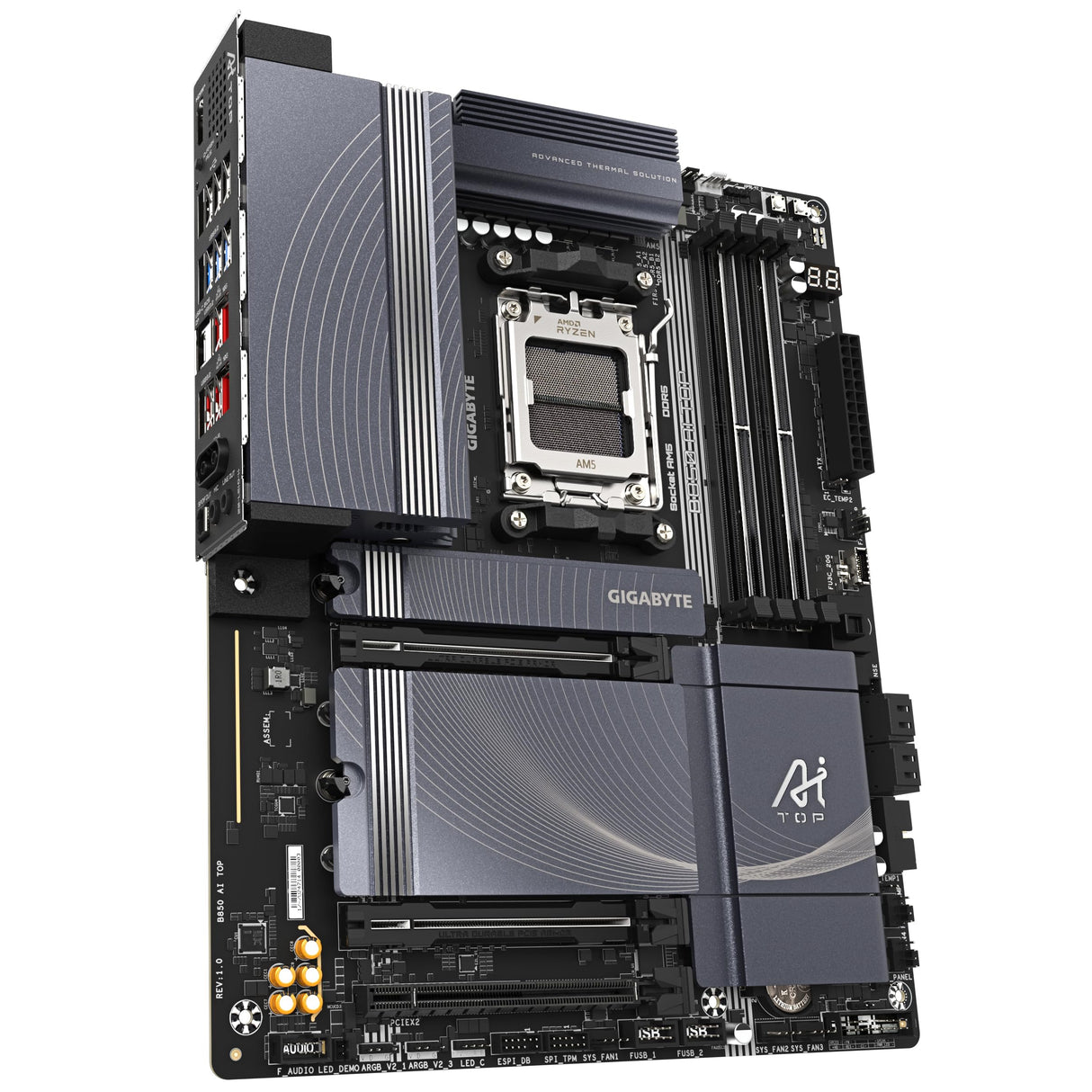 GIGABYTE B850 AI Top Placa Base - Procesadores AMD Ryzen Serie 9000, 16+2+2 Fases VRM Digitales, hasta 8600MHz DDR5 (OC), 2xPCIe 5.0 + 1xPCIe 4.0 M.2, LAN 10GbE, WiFi 7, USB 3.2 Gen 2x2