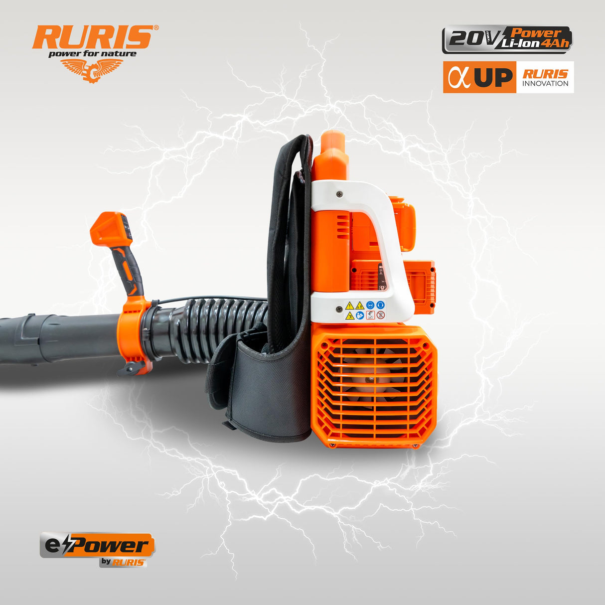 RURIS - Soplador de Espalda inalámbrico 1284e 4 velocidades + Modo Turbo, Velocidad 70 m/s, Volumen 1100 m³/h, Tubo telescópico, arnés y 2 baterías de Litio de 20 V + Cargador Incluido