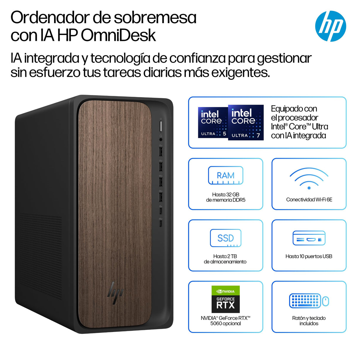 HP Ordenador de sobremesa OmniDesk AI (Intel Core Ultra 7 265, 32GB DDR5, 1TB SSD, NVIDIA GeForce RTX 5060, Windows 11 Home) - Wood