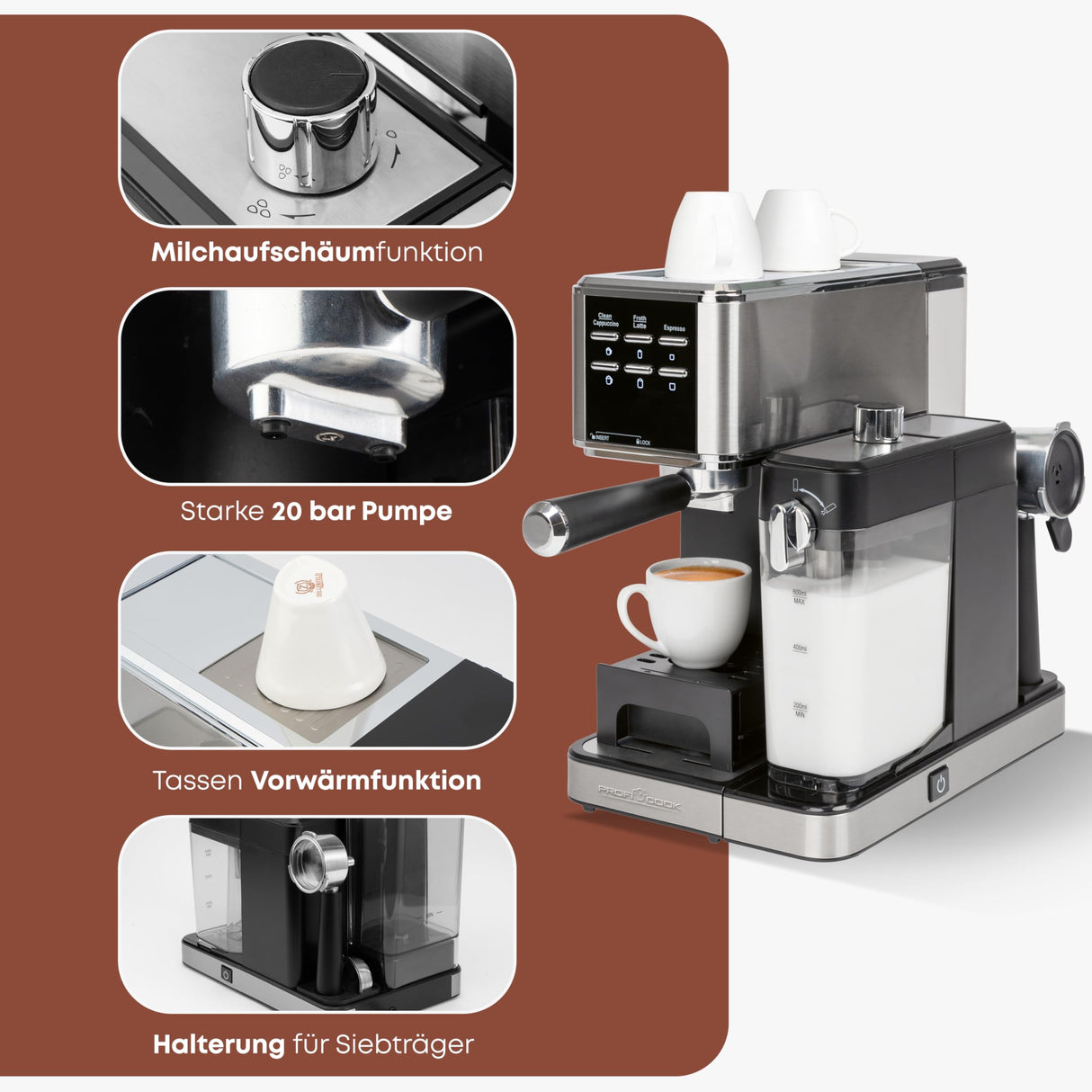 ProfiCook® cafetera espresso 2en1 para café en polvo y cápsulas compatibles Nespresso - máquina portafiltro 20 bar - con sistema de leche para latte y cappuccino- portafiltro para espresso- PC-ES 1266