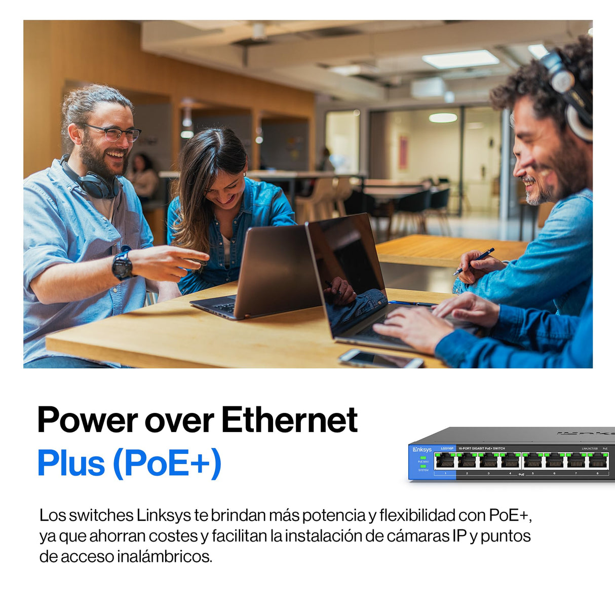 Linksys LGS116P-EU switch de red Gigabit no administrado de 16 puertos con 8 puertos PoE+, hasta 1000 Mbps, para empresas y particulares, vigilancia IP, divisor Ethernet de sobremesa