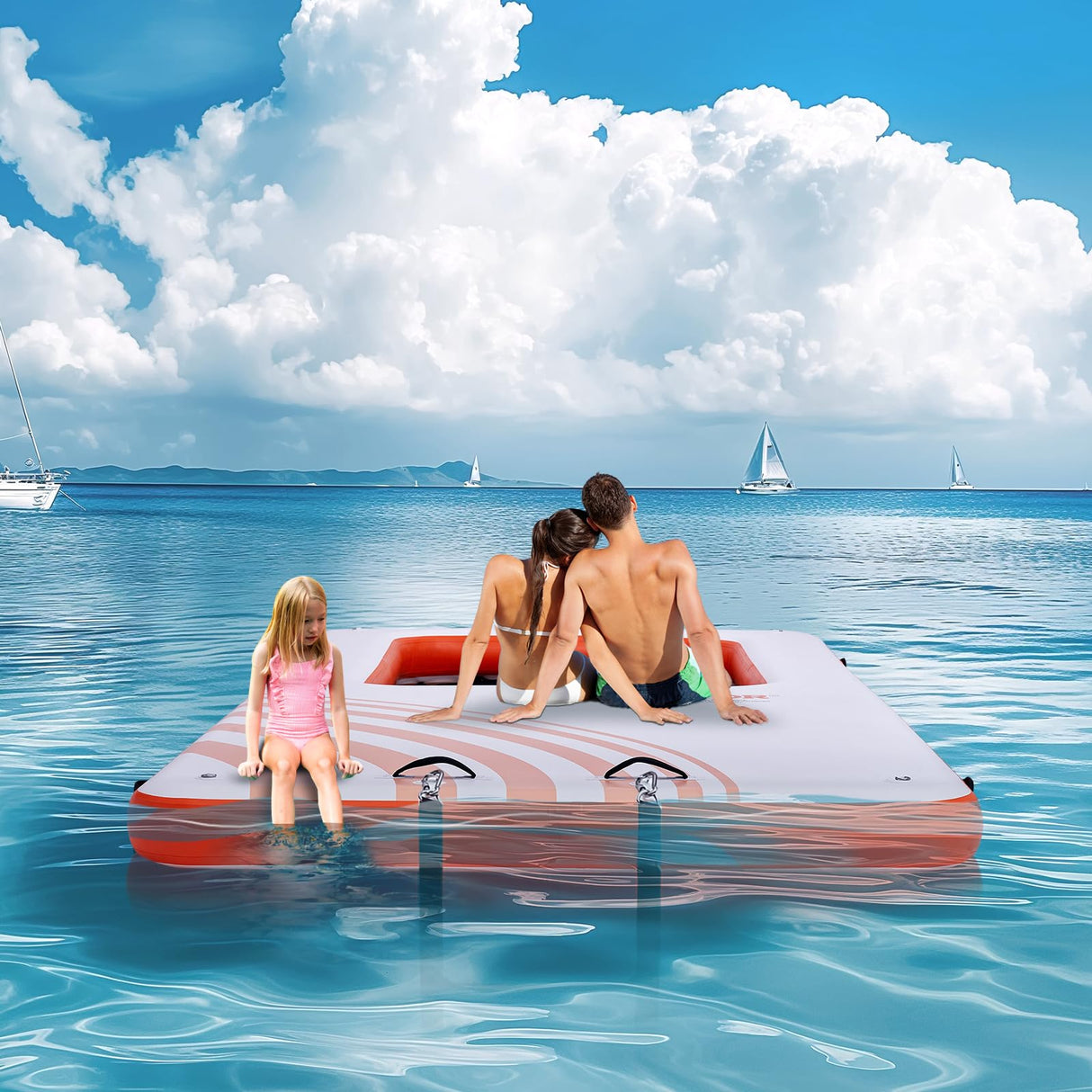 VEVOR Plataforma de Muelle Inflable 4,57 x 1,98 m con Trampolín de Piscina de Malla Central 1,21 x 1,82 m Estera de Agua Antideslizante Bolsa Portátil Escalera Extraíble para Relajarse Piscina Playa
