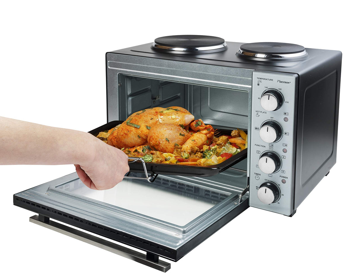 Bestron Pequeña Cocina, Mini Horno con Doble Placa de Cocción, Calor Superior/Inferior con Función de Aire Circulante hasta 230°C, 3200 Vatios, Negro