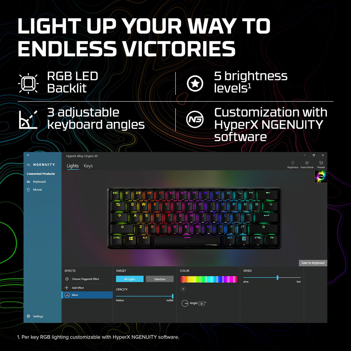 HyperX Alloy Origins 60 – Teclado mecánico para juegos - Formato ultracompacto al 60 % – Tecla HyperX Aqua (táctil) - Cubiertas de PBT de doble capa de las teclas - Retroiluminación LED RGB