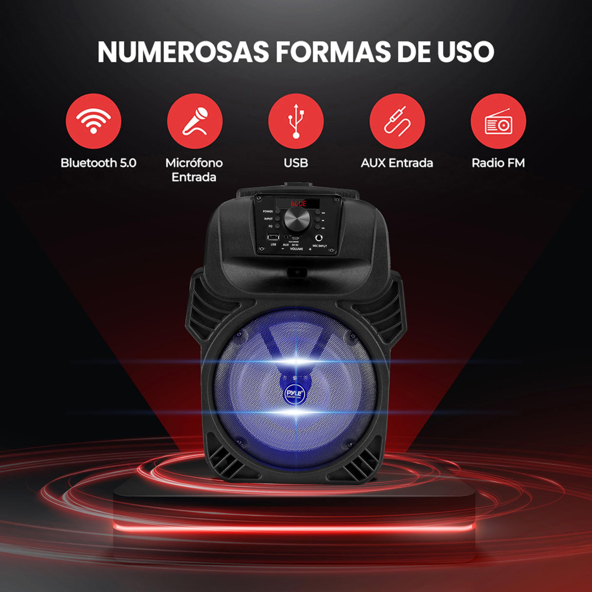 PYLE Altavoz Bluetooth, PA, 400V, Portatil, Recargable, Exteriores, Subwoofer de 8”, Tweeter de 1”, Función de grabación, Micrófono, Luces de Fiesta, Radio USB/SD, Mando a Distancia
