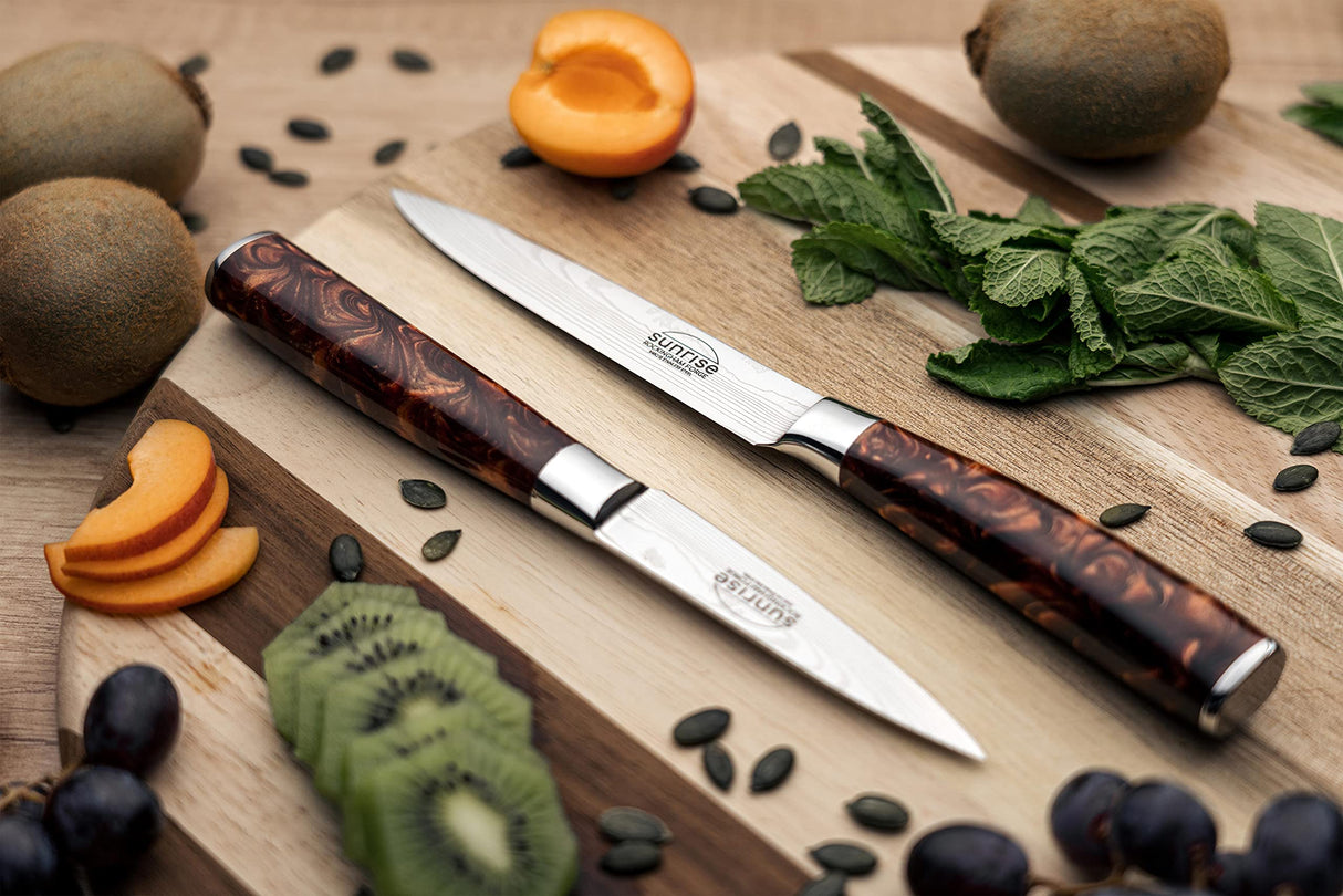 Rockingham Forge Juego de Cuchillos de Cocina de 7 Piezas, Serie Sunrise, Hoja de Acero Inoxidable con Mangos de Resina, Marrón Ambarino, RF-2160/7BR