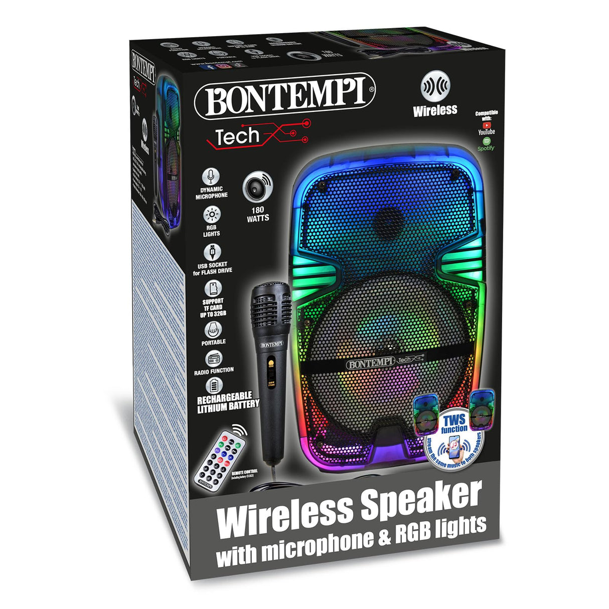 Bontempi | Altavoz Acústico Luminoso Inalámbrico con Micrófono y Luces RGB, Mando a Distancia, Pantalla, Función TWS, 37x24x19.5 cm