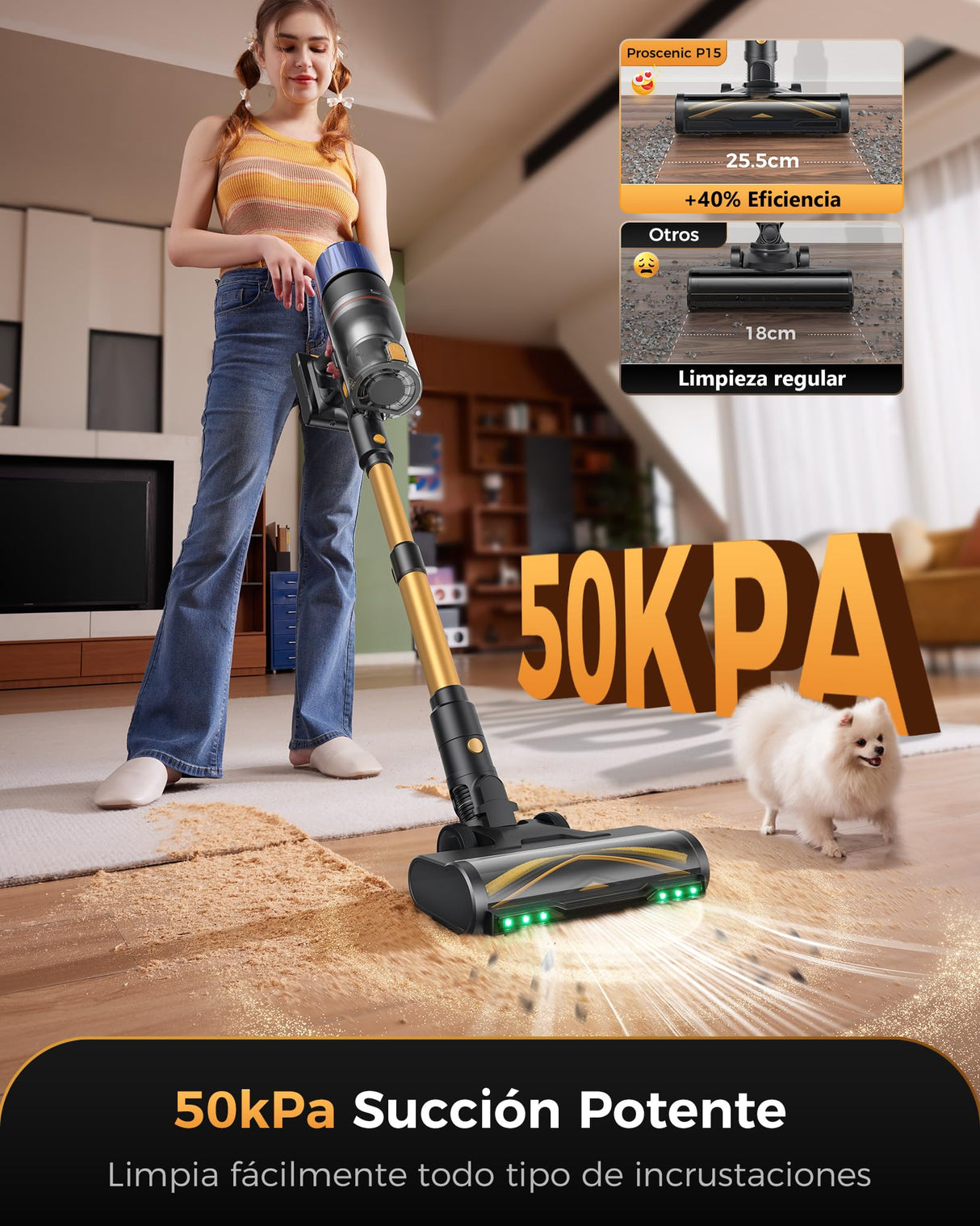 Proscenic P15 Aspiradora sin Cable 580W/50kPa/70Mins, Aspiradora Escoba Vertical Potente con Pantalla Táctile LED, Antienredo y Modo Automático para Suelos/Alfombras/Pelo de Animales