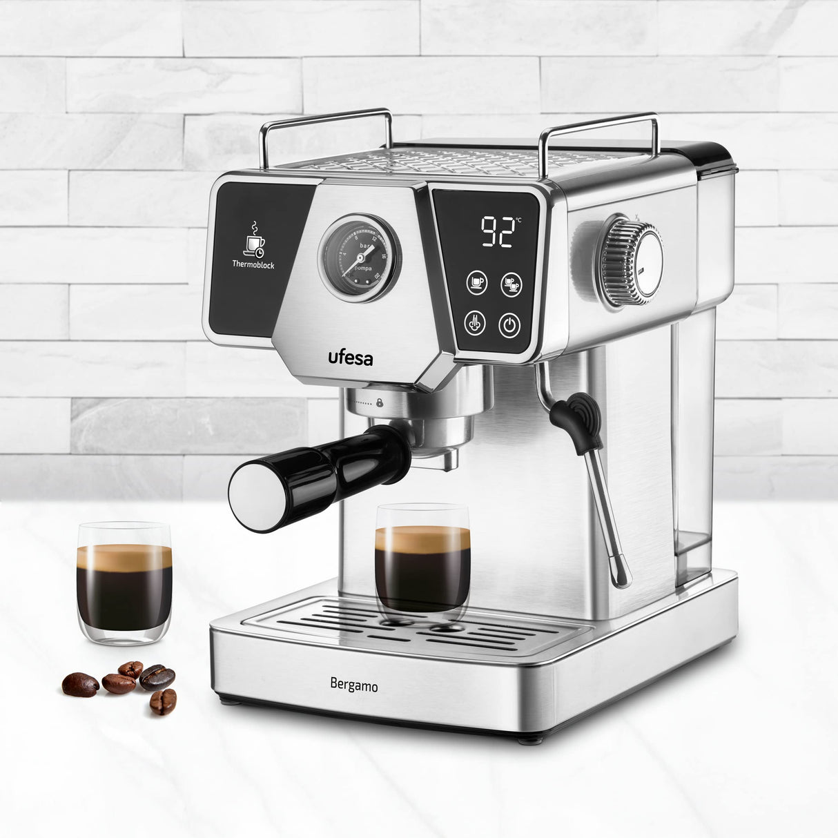 Ufesa Bergamo Cafetera Expresso y Capuccino con Manómetro, 20 Bares, 1350W, Panel Táctil, Vaporizador Orientable, Sistema Thermoblock, Depósito 1.8L, 1 o 2 Cafés, Inox