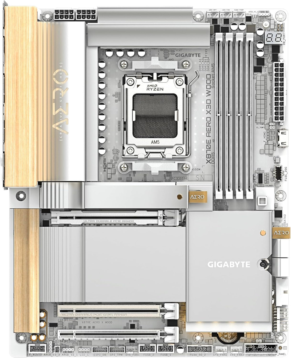 GIGABYTE X870E Aero X3D Wood Motherboard - Supports AMD Ryzen 9000 Processors, 16+2+2 Phase Digital VRM, up to 9000Hz DDR5 (O.C.), 2xPCIe 5.0 + 2xPCIe 4.0, Wi-Fi 7, 5GbE LAN, USB 4